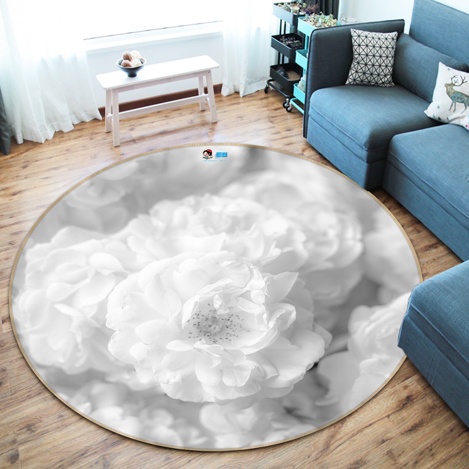 3D White Petal 7350 Assaf Frank Rug Round Non Slip Rug Mat