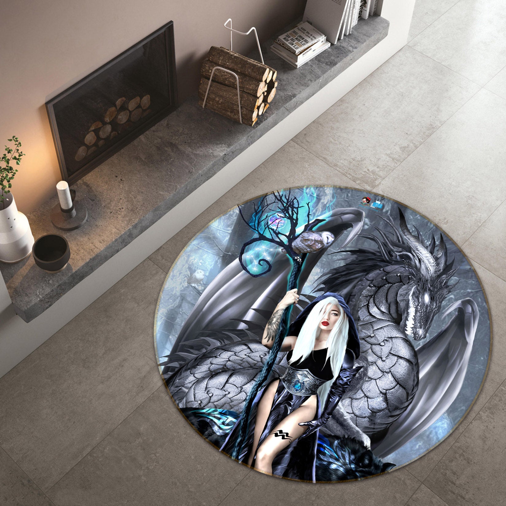 3D Dragon Girl 8351 Ruth Thompson Rug Round Non Slip Rug Mat