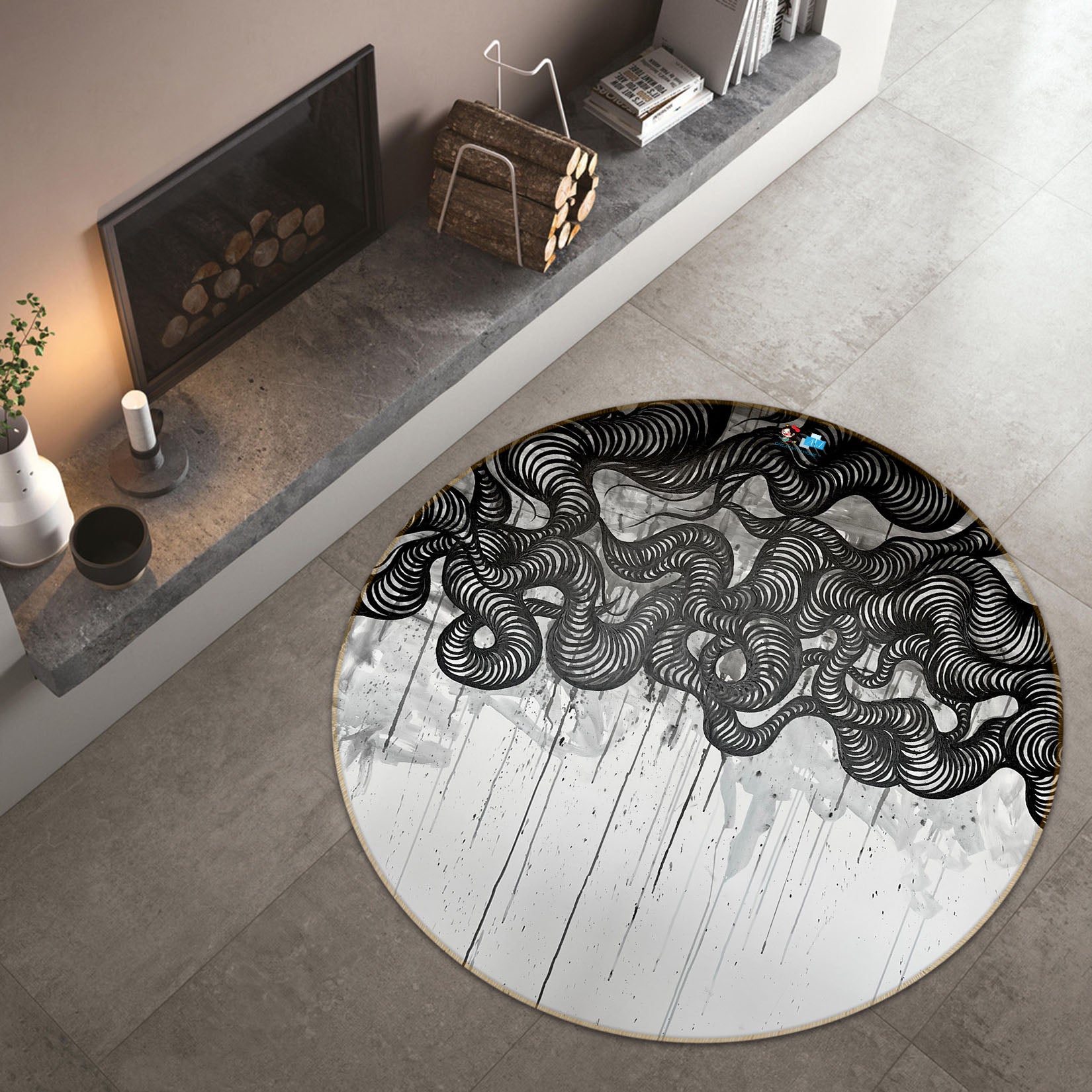 3D Black Sketch 8256 Jacqueline Reynoso Rug Round Non Slip Rug Mat