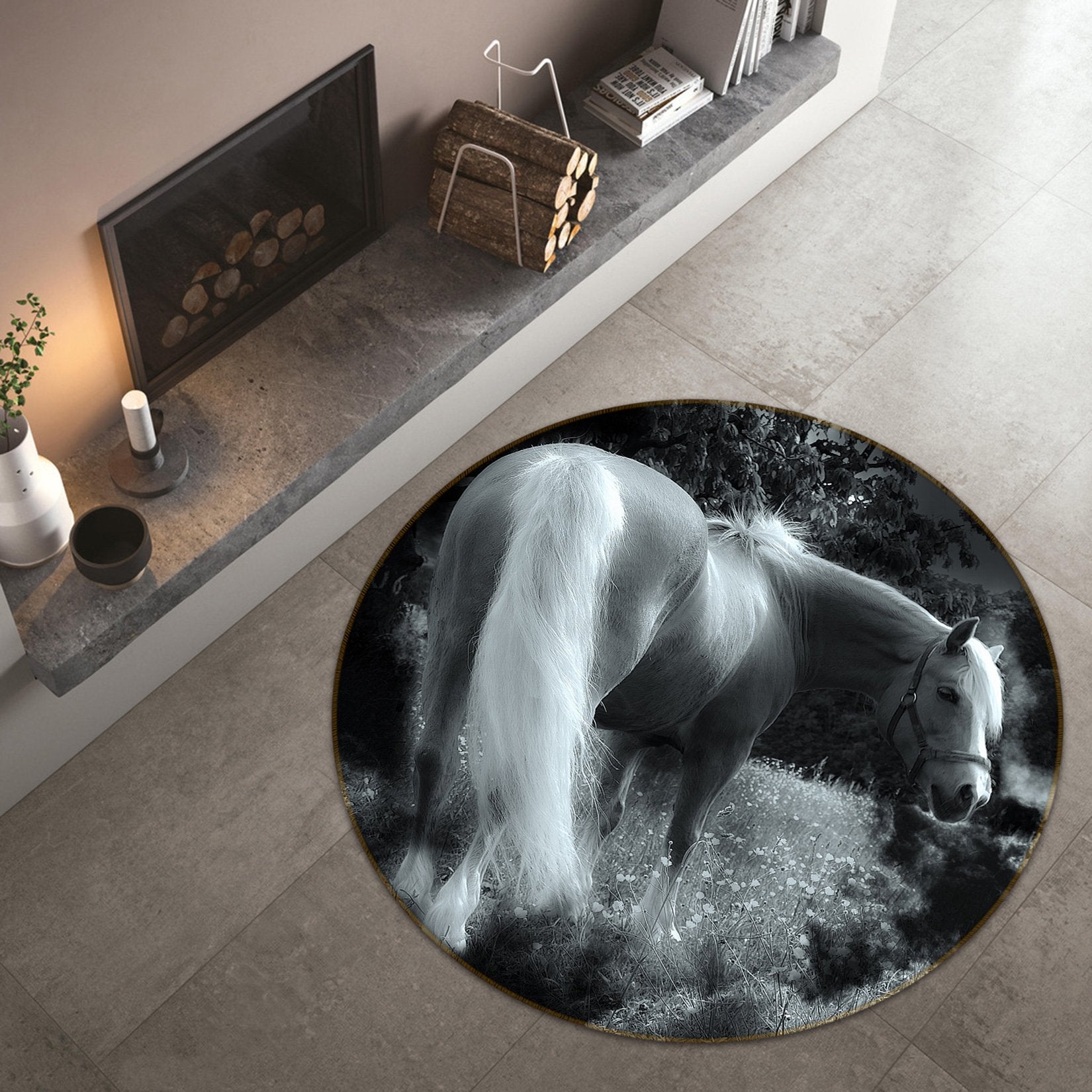 3D Night White Horse 057 Animal Round Non Slip Rug Mat Mat AJ Creativity Home 