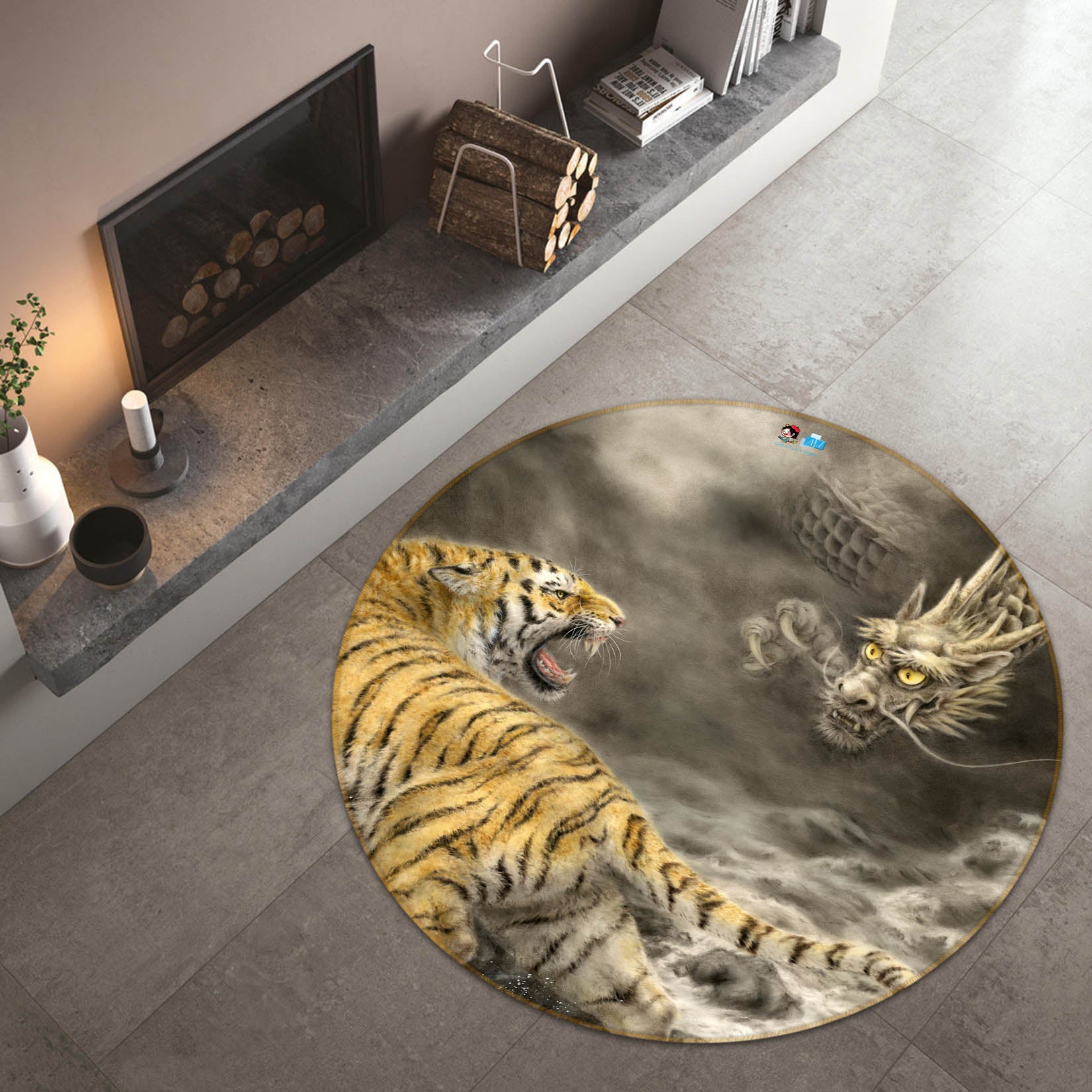 3D Dragon Tiger 6023 Kayomi Harai Rug Round Non Slip Rug Mat