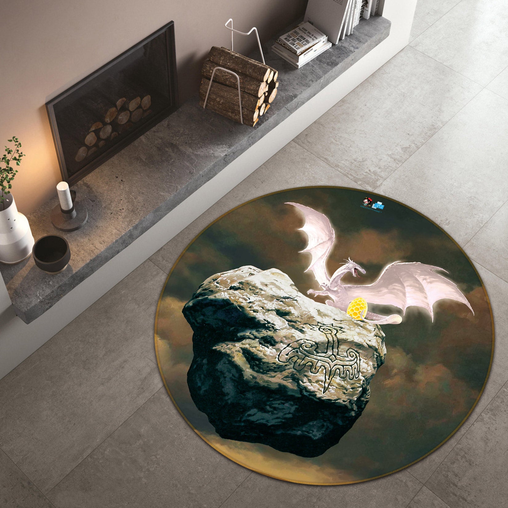 3D White Dragon Golden Egg Stone 6096 Ciruelo Rug Round Non Slip Rug Mat