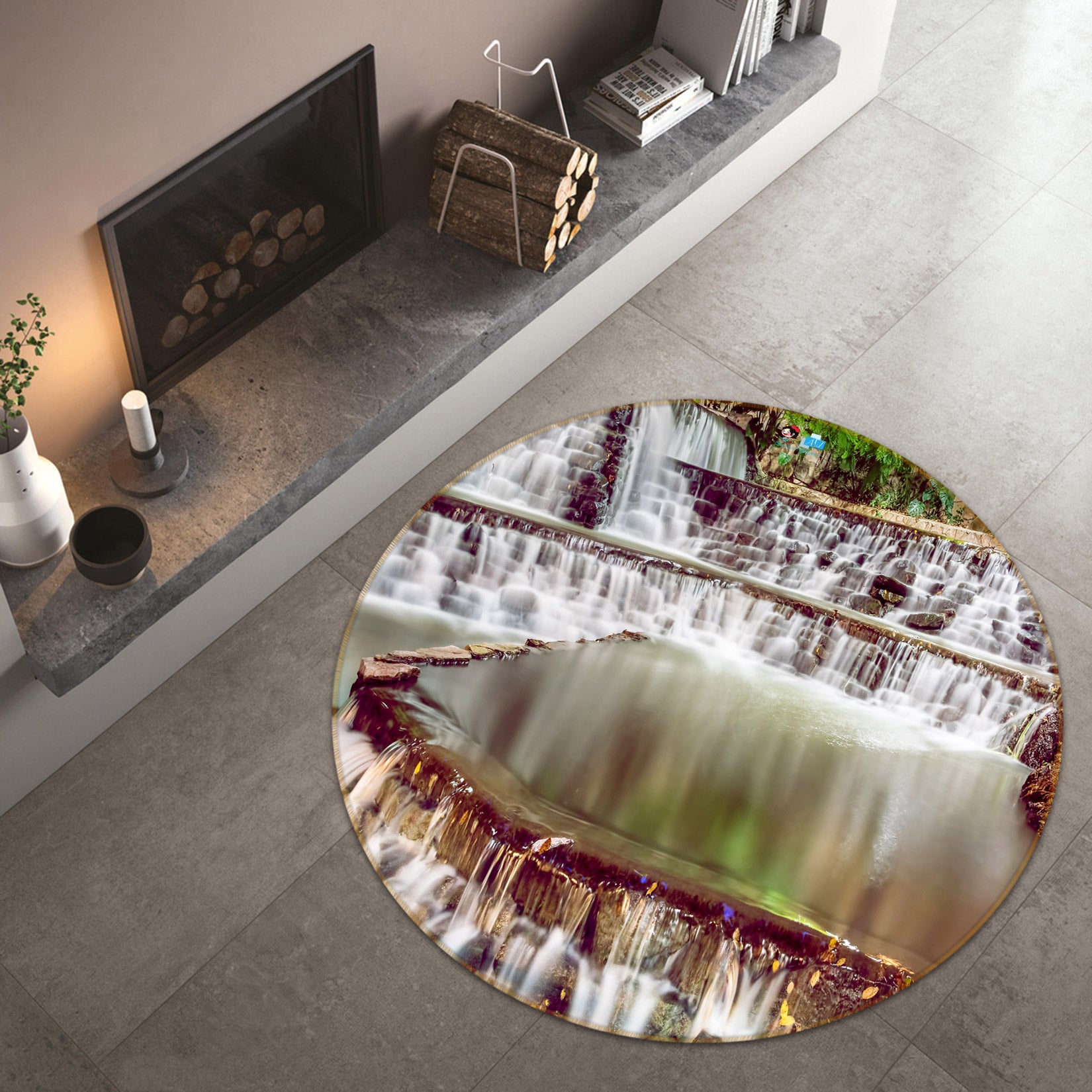 3D Waterfall Rock 5045 Beth Sheridan Rug Round Non Slip Rug Mat