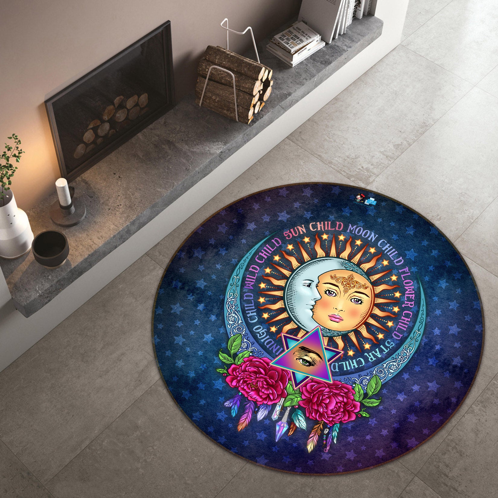 3D Sun Moon Flower 8882 Brigid Ashwood Rug Round Non Slip Rug Mat