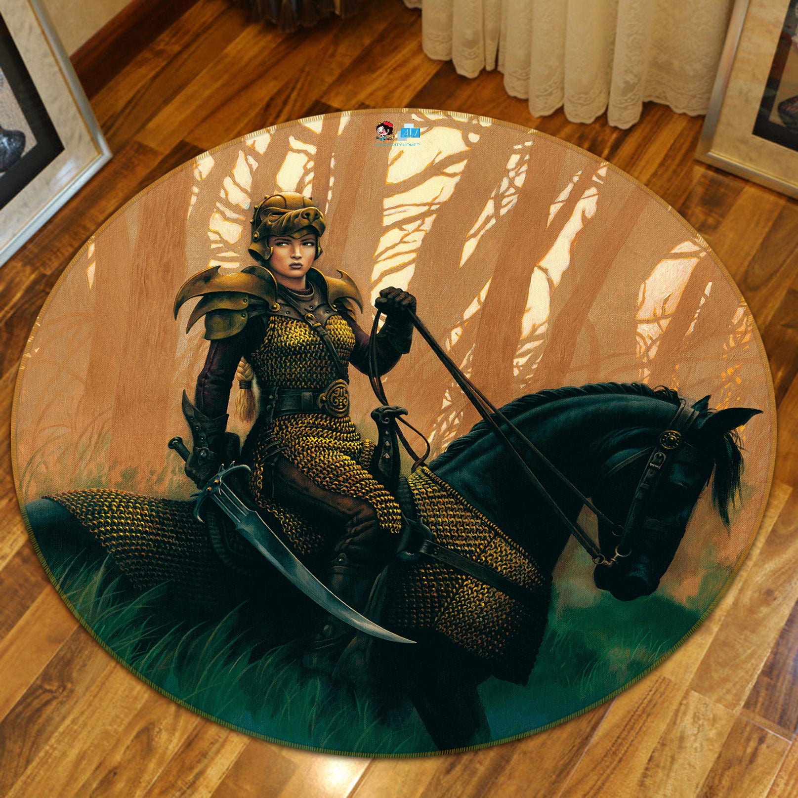 3D Female Knight Horse 6093 Ciruelo Rug Round Non Slip Rug Mat