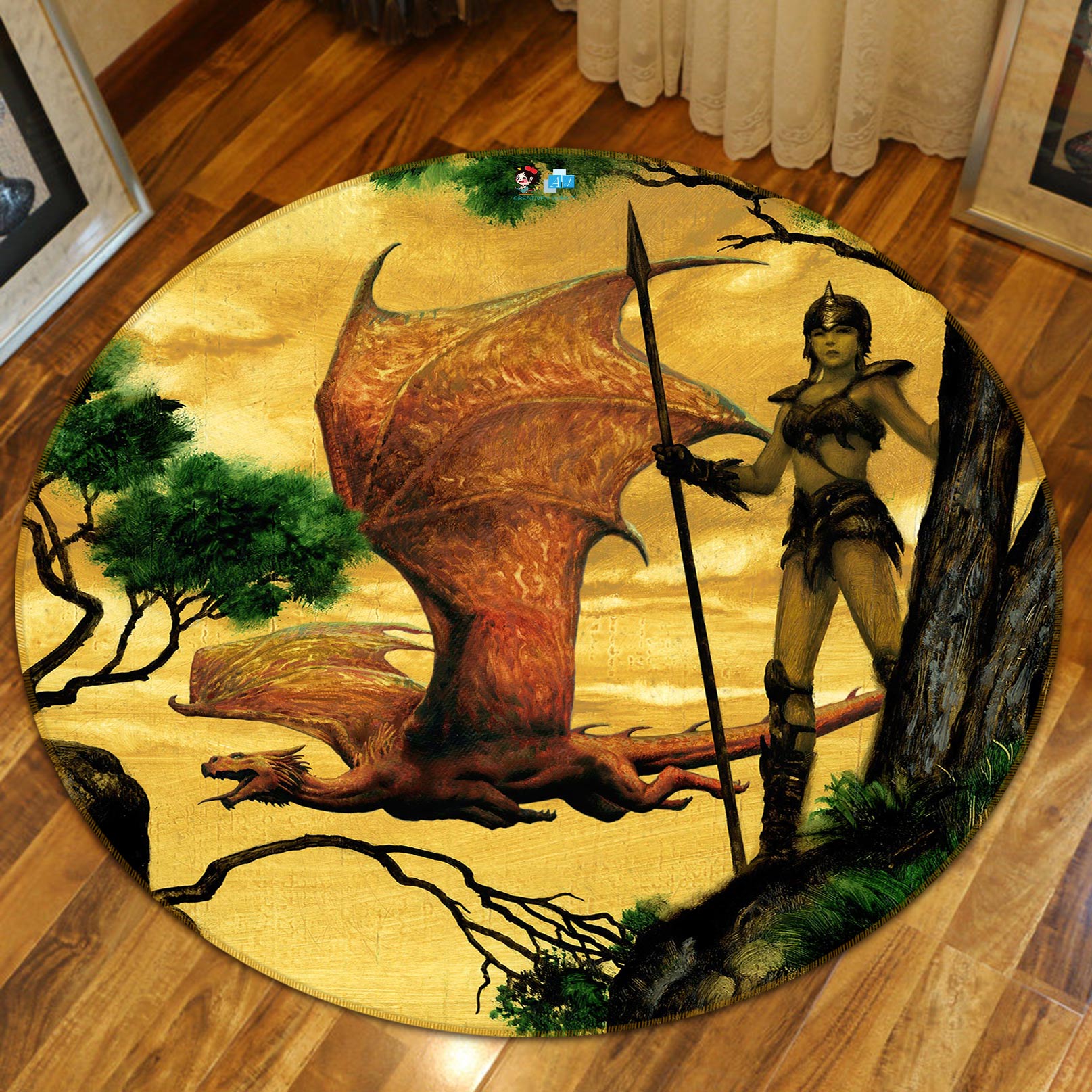 3D Pterosaur Tree Warrior 6120 Ciruelo Rug Round Non Slip Rug Mat