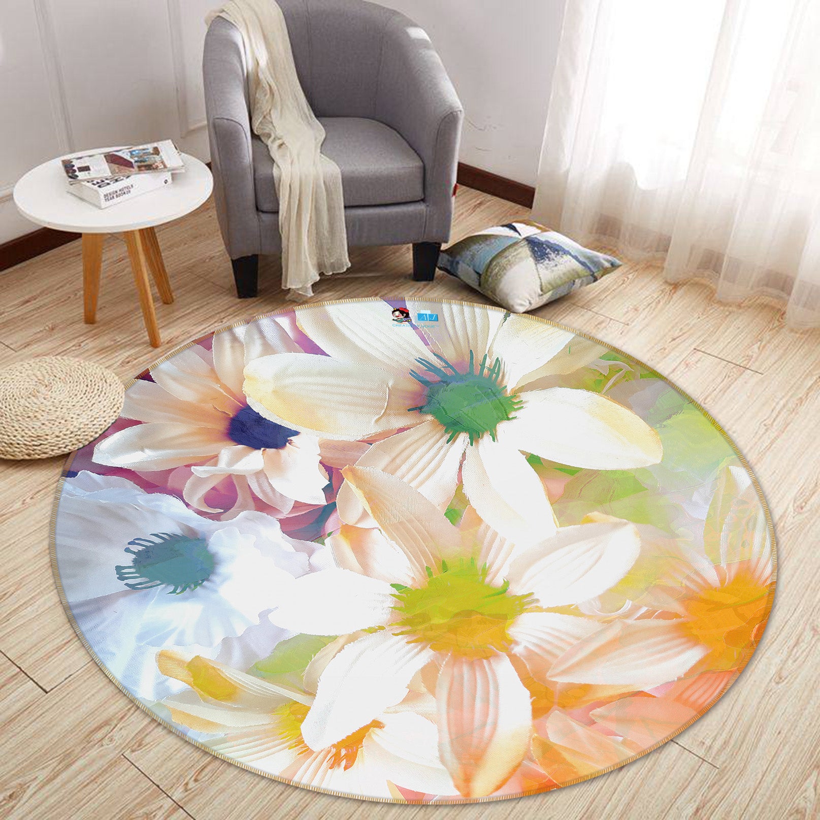 3D Color White Flowers 191111 Shandra Smith Rug Round Non Slip Rug Mat