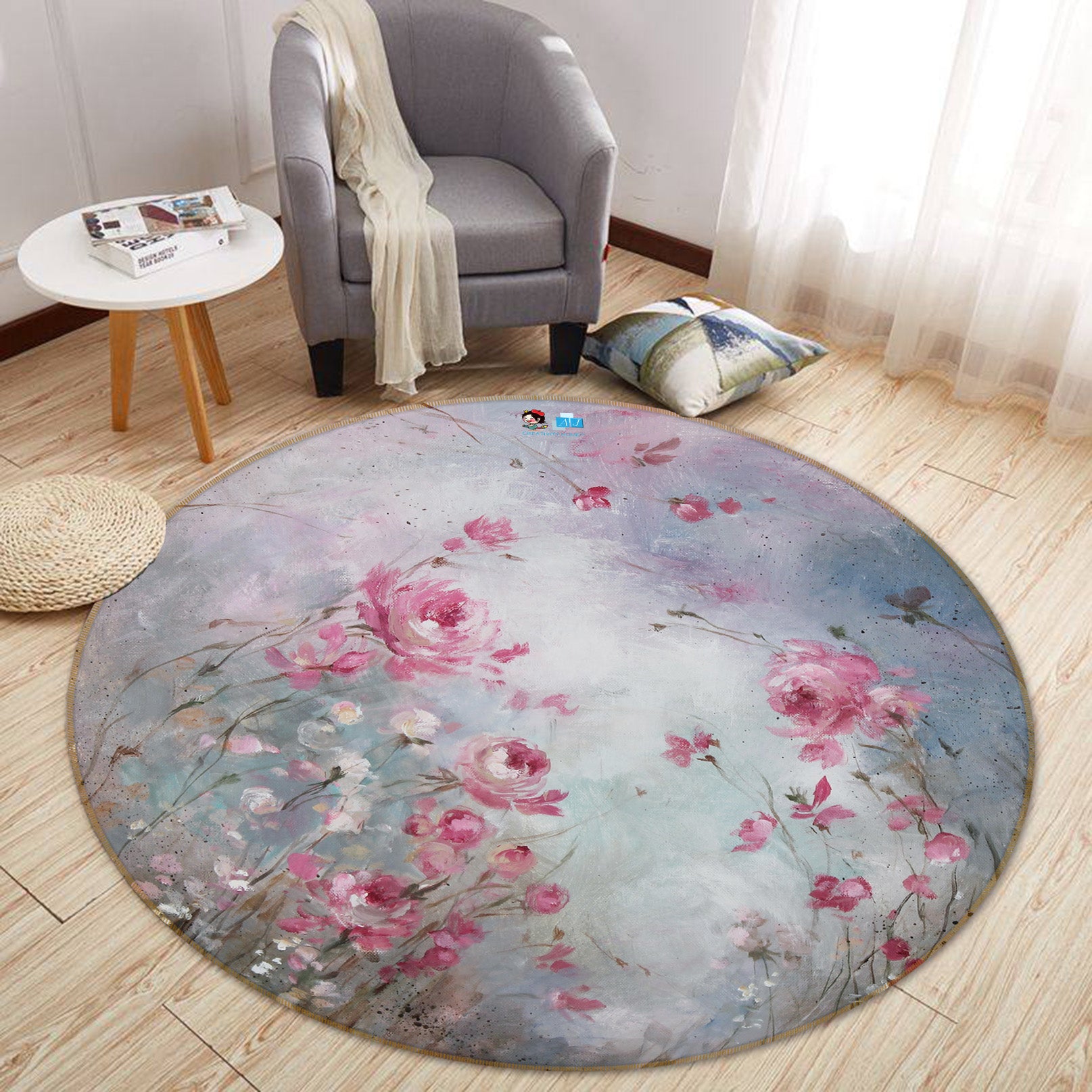 3D Flower Bush Pink 1088 Debi Coules Rug Round Non Slip Rug Mat