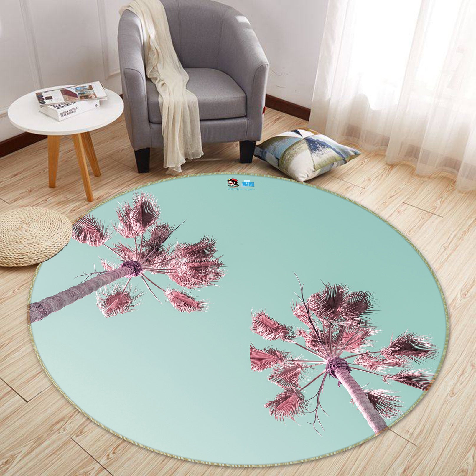 3D Pink Coconut Tree 7551 Assaf Frank Rug Round Non Slip Rug Mat