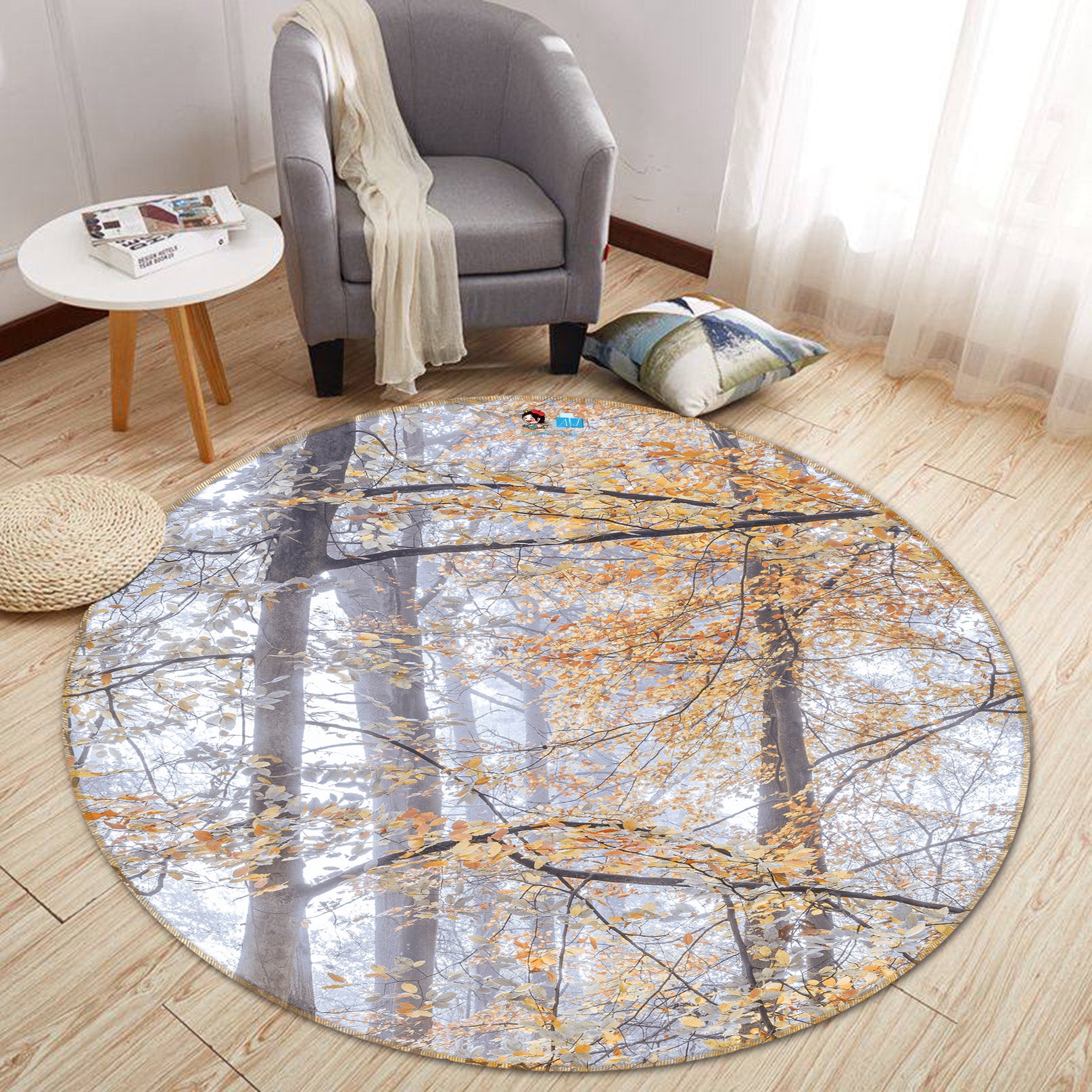 3D Yellow Leaves 7353 Assaf Frank Rug Round Non Slip Rug Mat