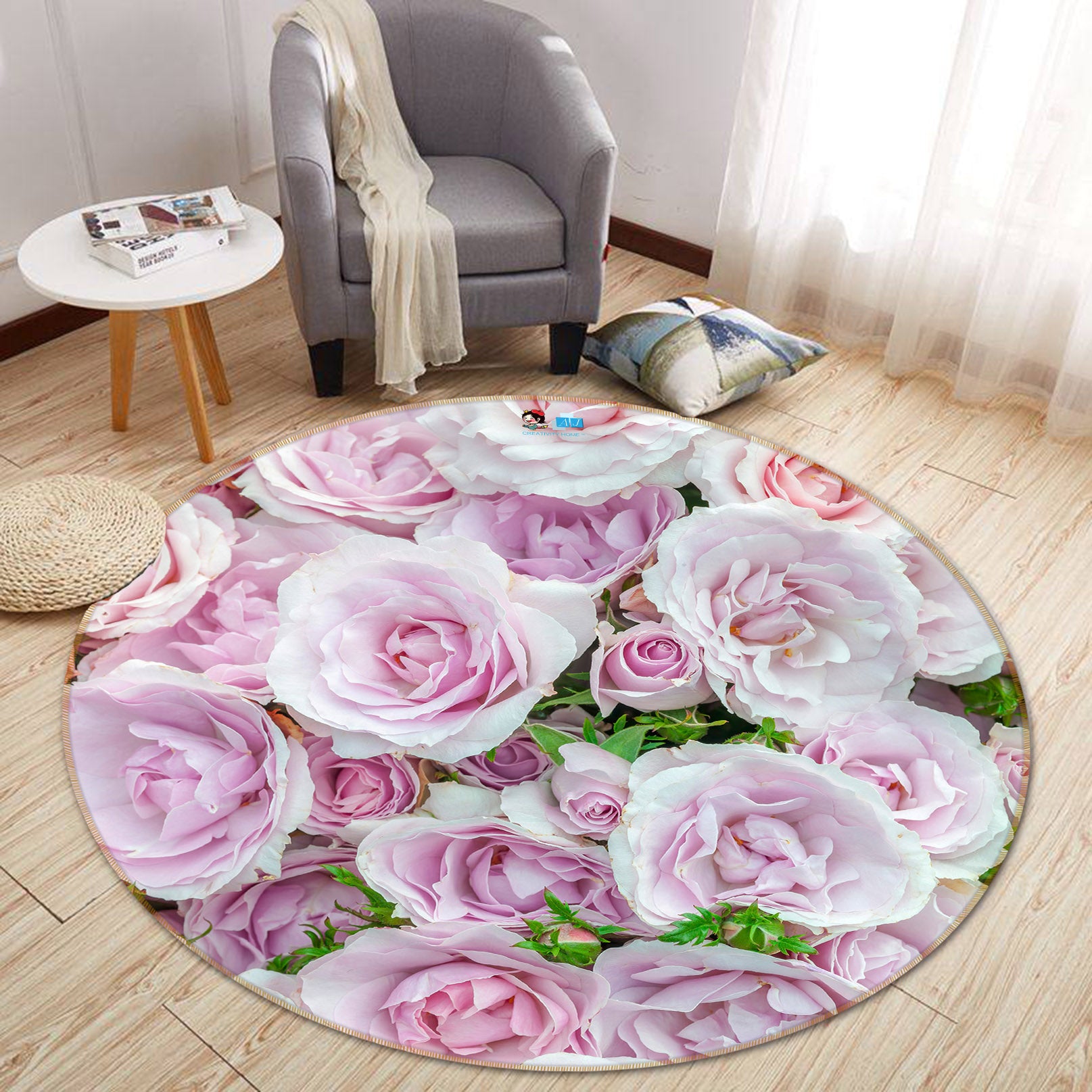 3D Pink Roses 7322 Assaf Frank Rug Round Non Slip Rug Mat