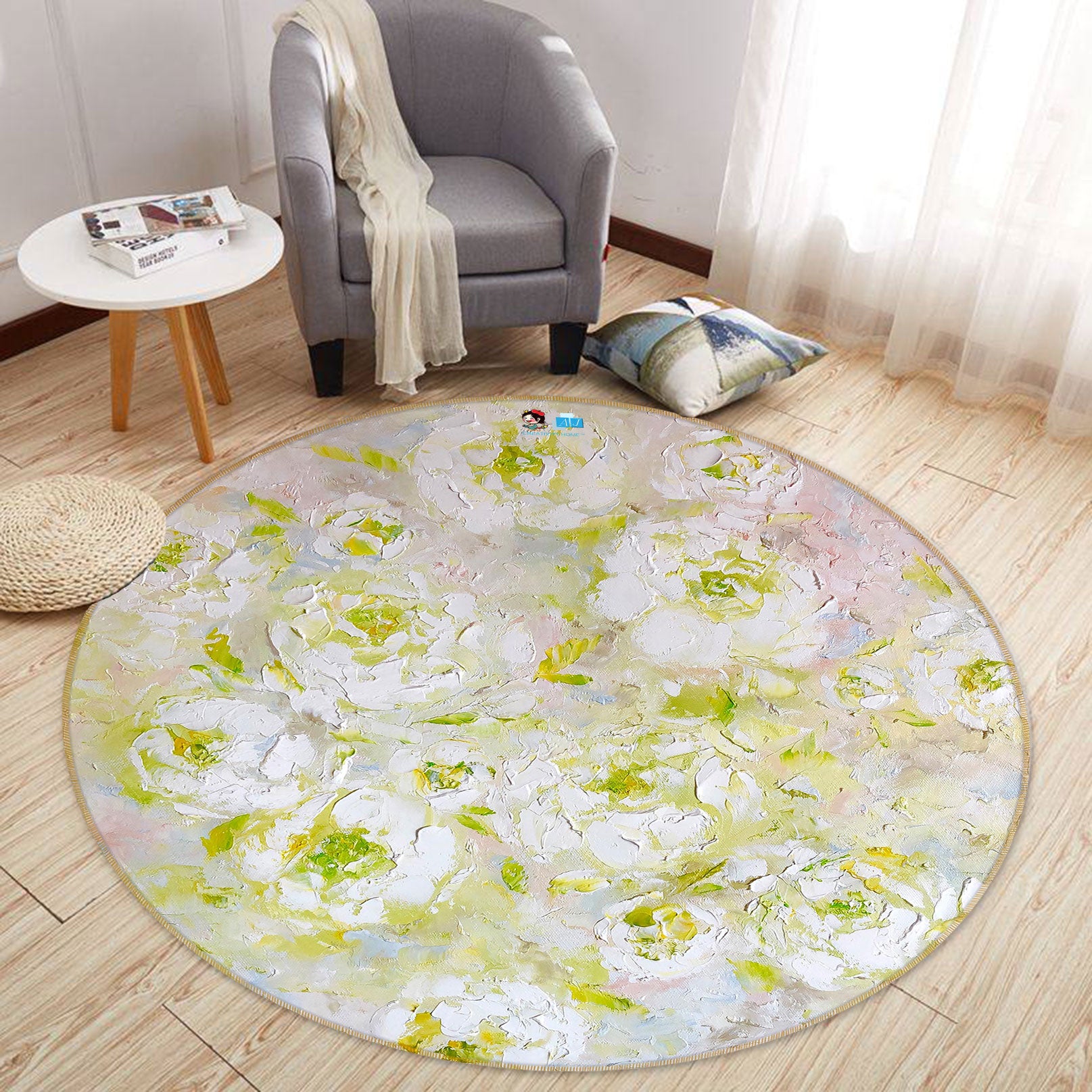 3D Pigment White Flower 8050 Skromova Marina Rug Round Non Slip Rug Mat