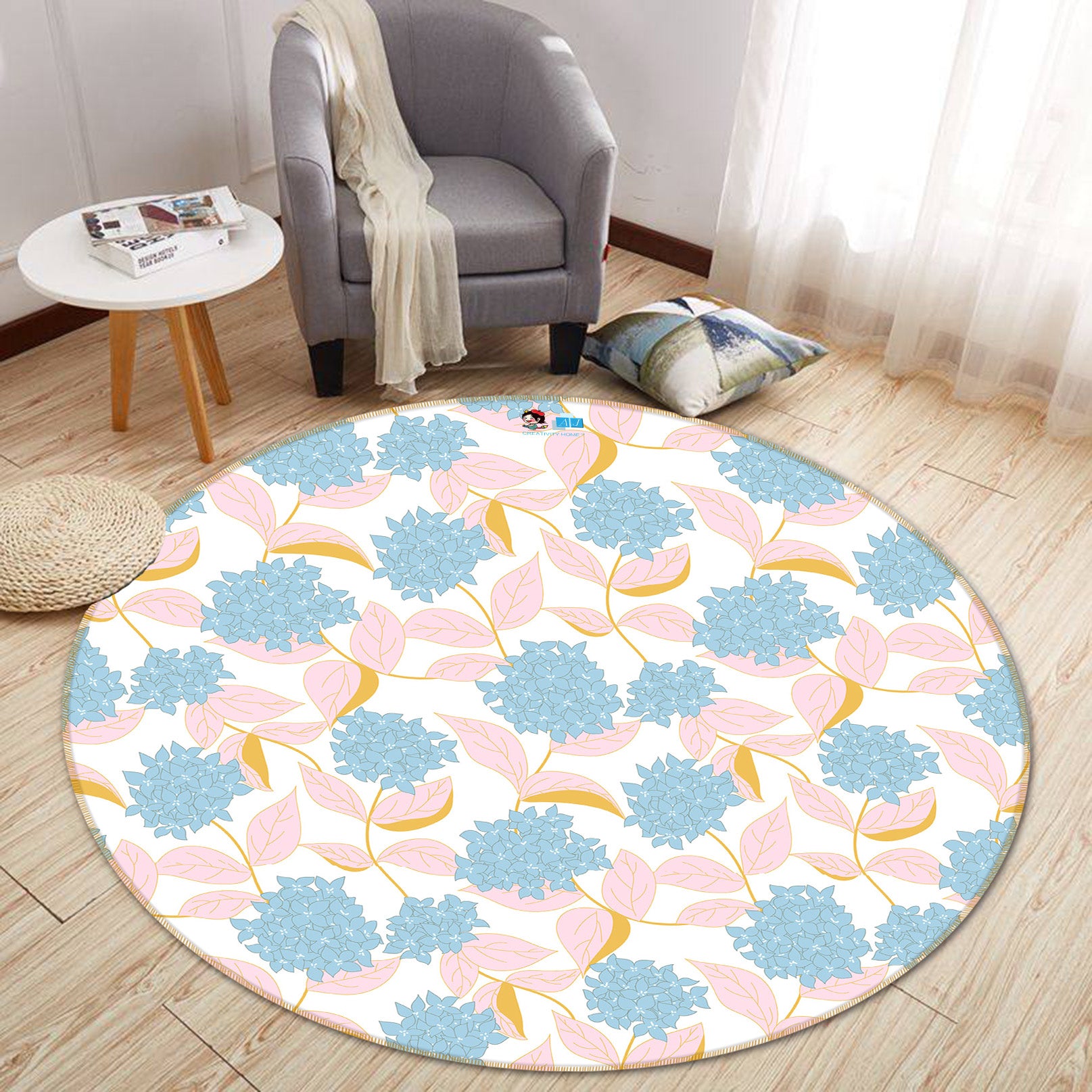 3D Blue Floral Pink Leaves 10555 Kashmira Jayaprakash Rug Round Non Slip Rug Mat