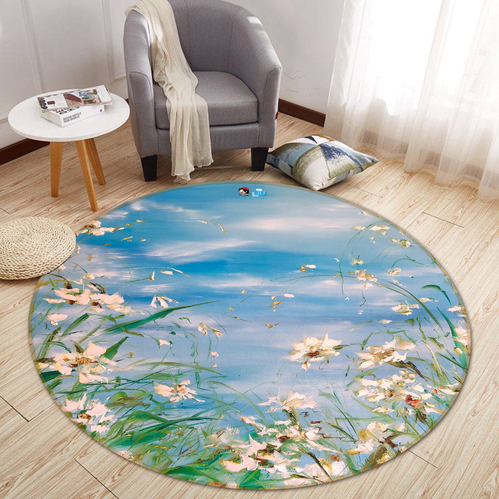 3D White Flower Grass 888 Skromova Marina Rug Round Non Slip Rug Mat