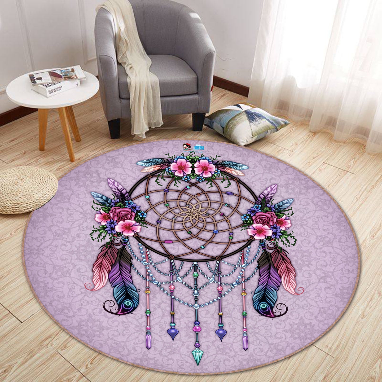 3D Feather Wind Chime 8879 Brigid Ashwood Rug Round Non Slip Rug Mat