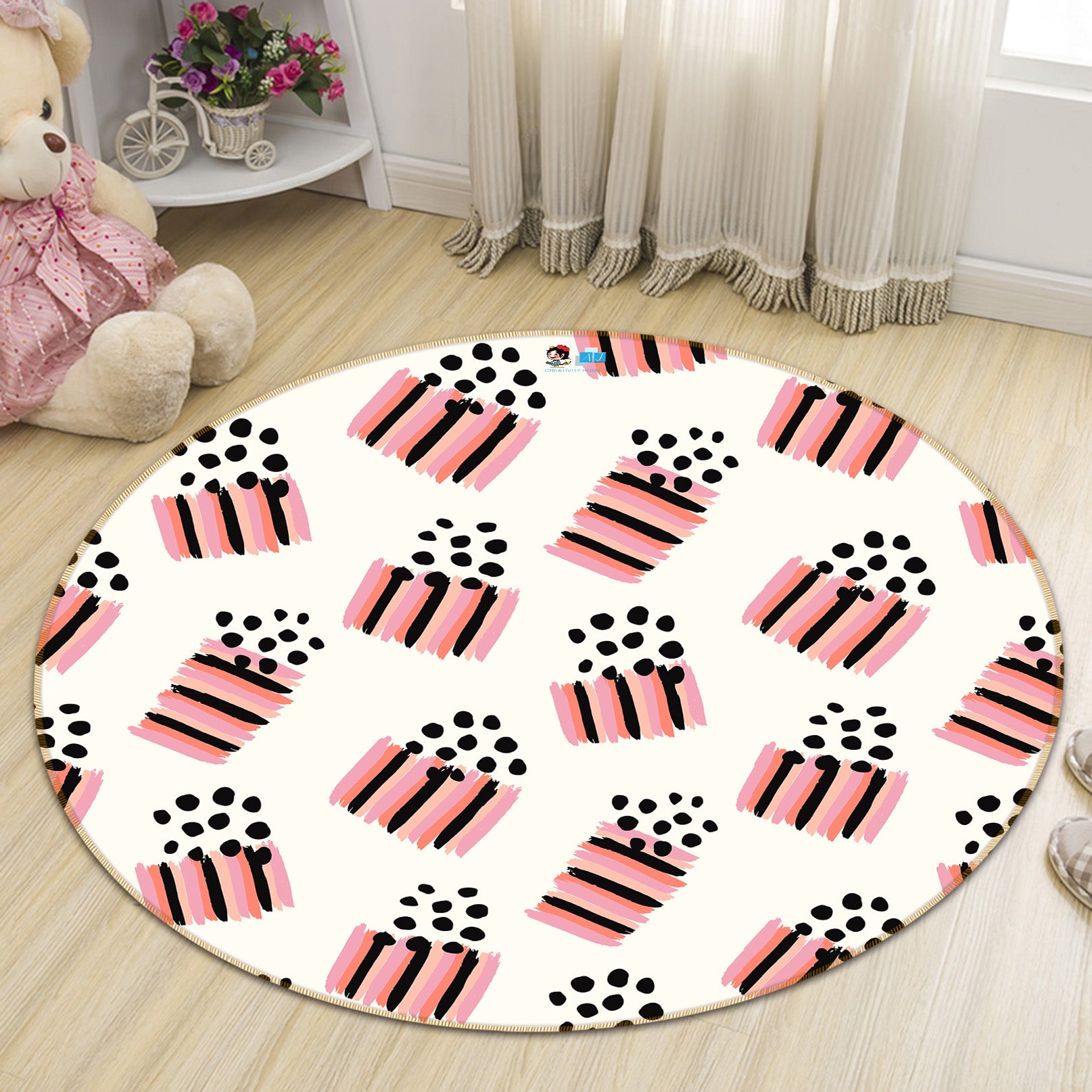 3D Pink Stripes Black Dots Pattern 10597 Kashmira Jayaprakash Rug Round Non Slip Rug Mat