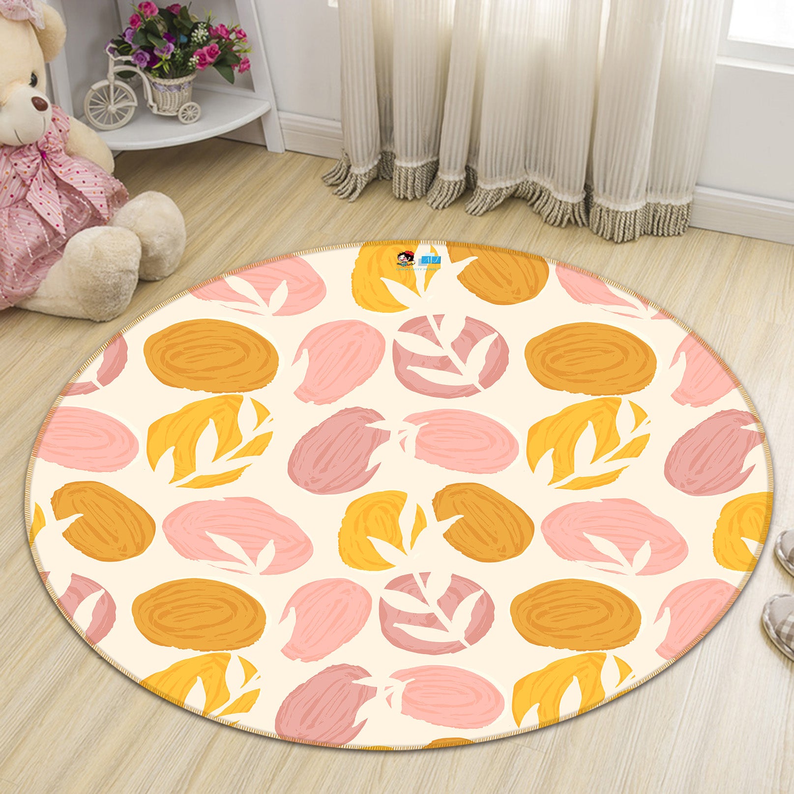 3D Yellow Pink Circle Leaf Pattern 10549 Kashmira Jayaprakash Rug Round Non Slip Rug Mat