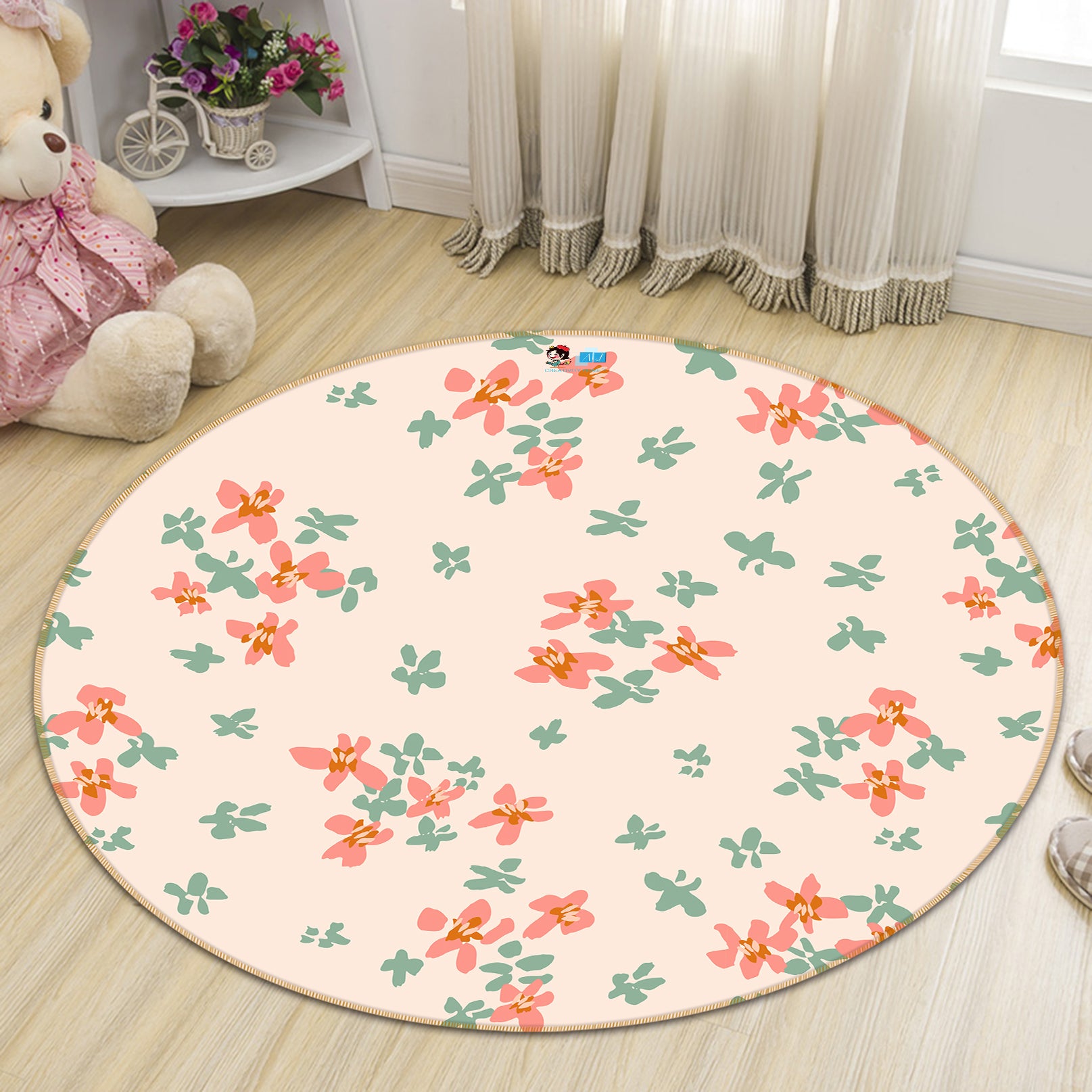 3D Red Green Floral 10550 Kashmira Jayaprakash Rug Round Non Slip Rug Mat