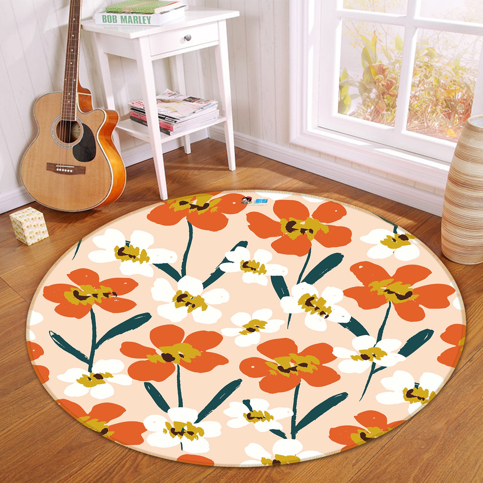 3D Red White Flowers Pattern 10512 Kashmira Jayaprakash Rug Round Non Slip Rug Mat