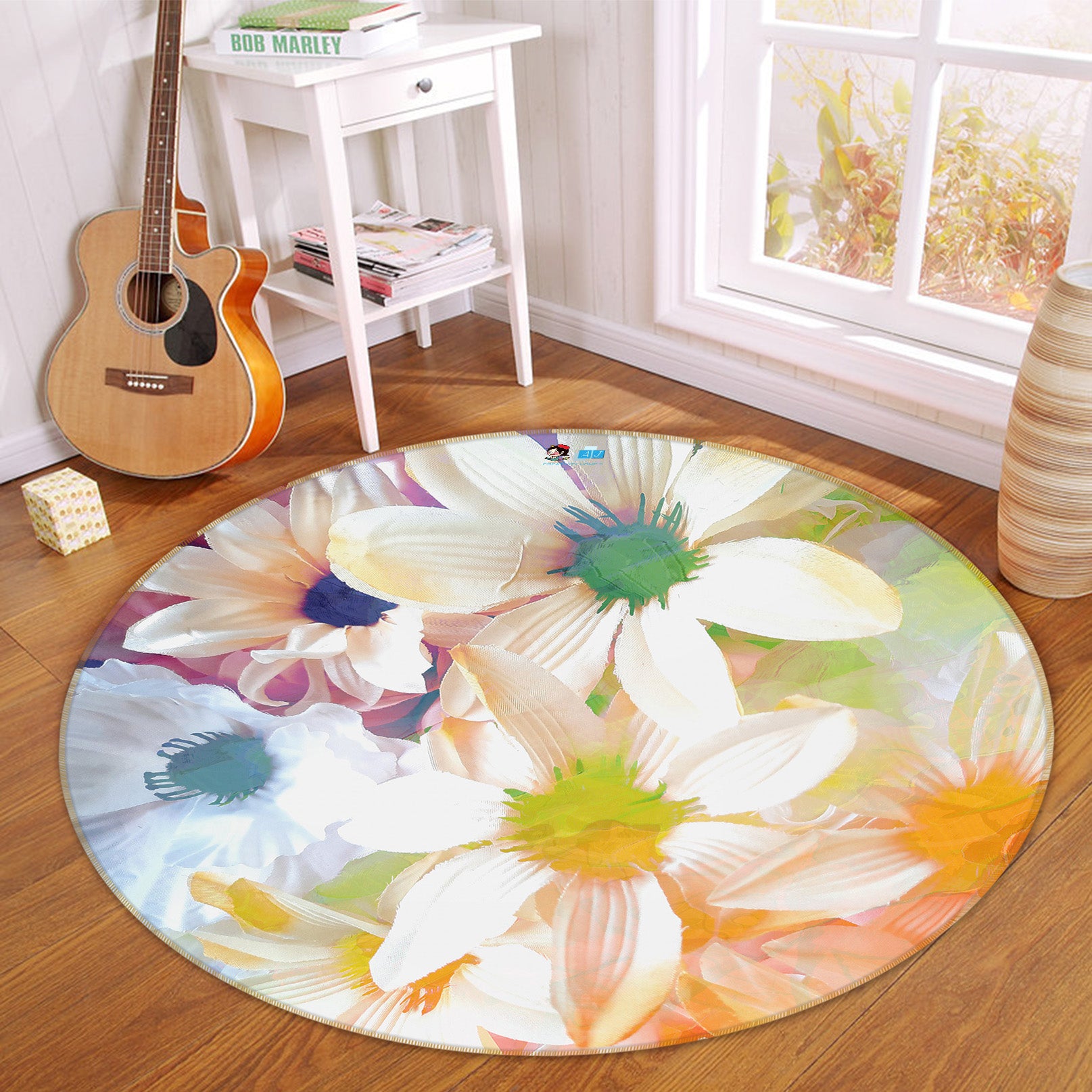 3D Color White Flowers 191111 Shandra Smith Rug Round Non Slip Rug Mat