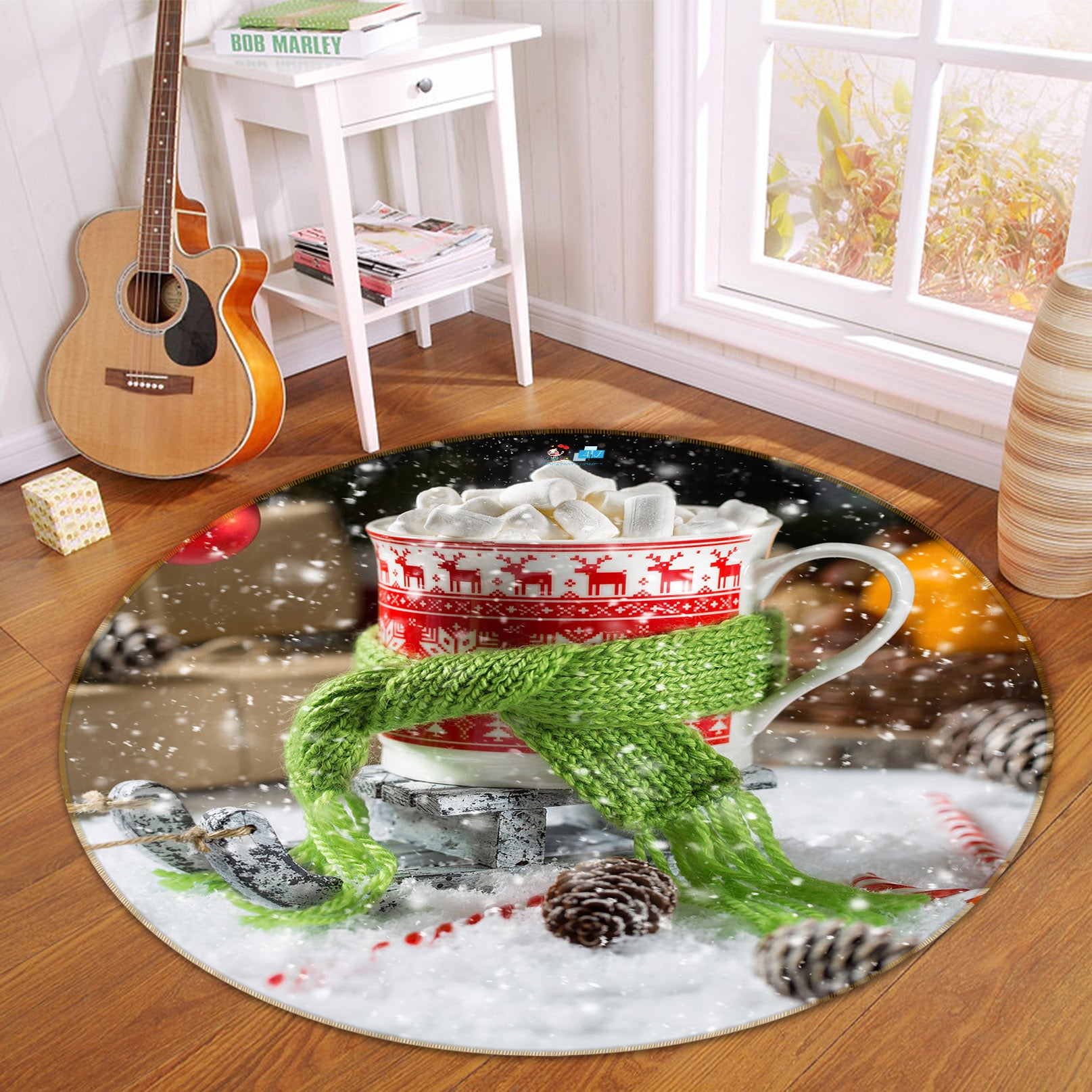 3D Pattern Cup Scarf 56078 Christmas Round Non Slip Rug Mat Xmas