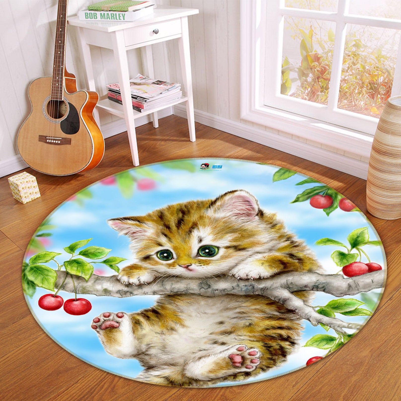 3D Cherry Cat Butterfly 6018 Kayomi Harai Rug Round Non Slip Rug Mat