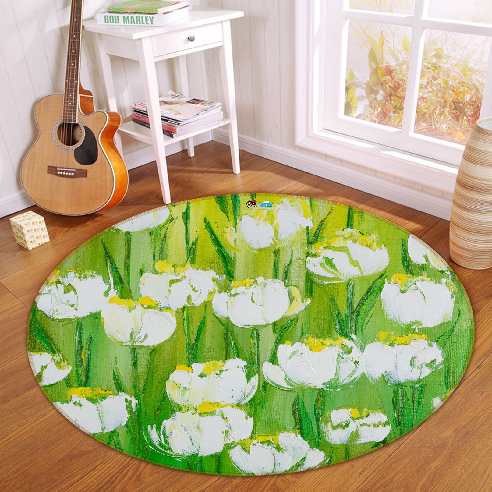 3D White Garden 825 Skromova Marina Rug Round Non Slip Rug Mat