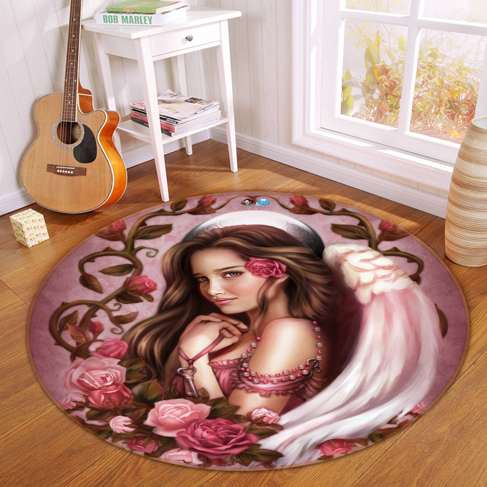 3D Pink Rose Woman 8904 Brigid Ashwood Rug Round Non Slip Rug Mat