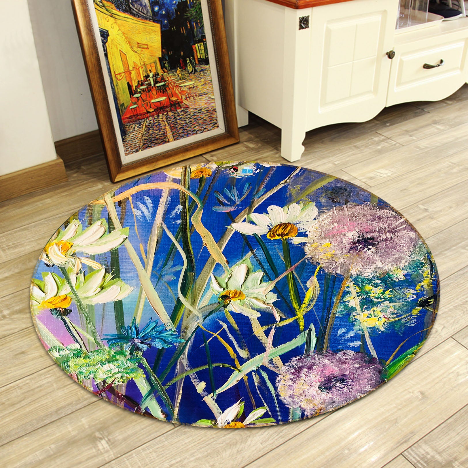 3D White Daisy Petals 860 Skromova Marina Rug Round Non Slip Rug Mat