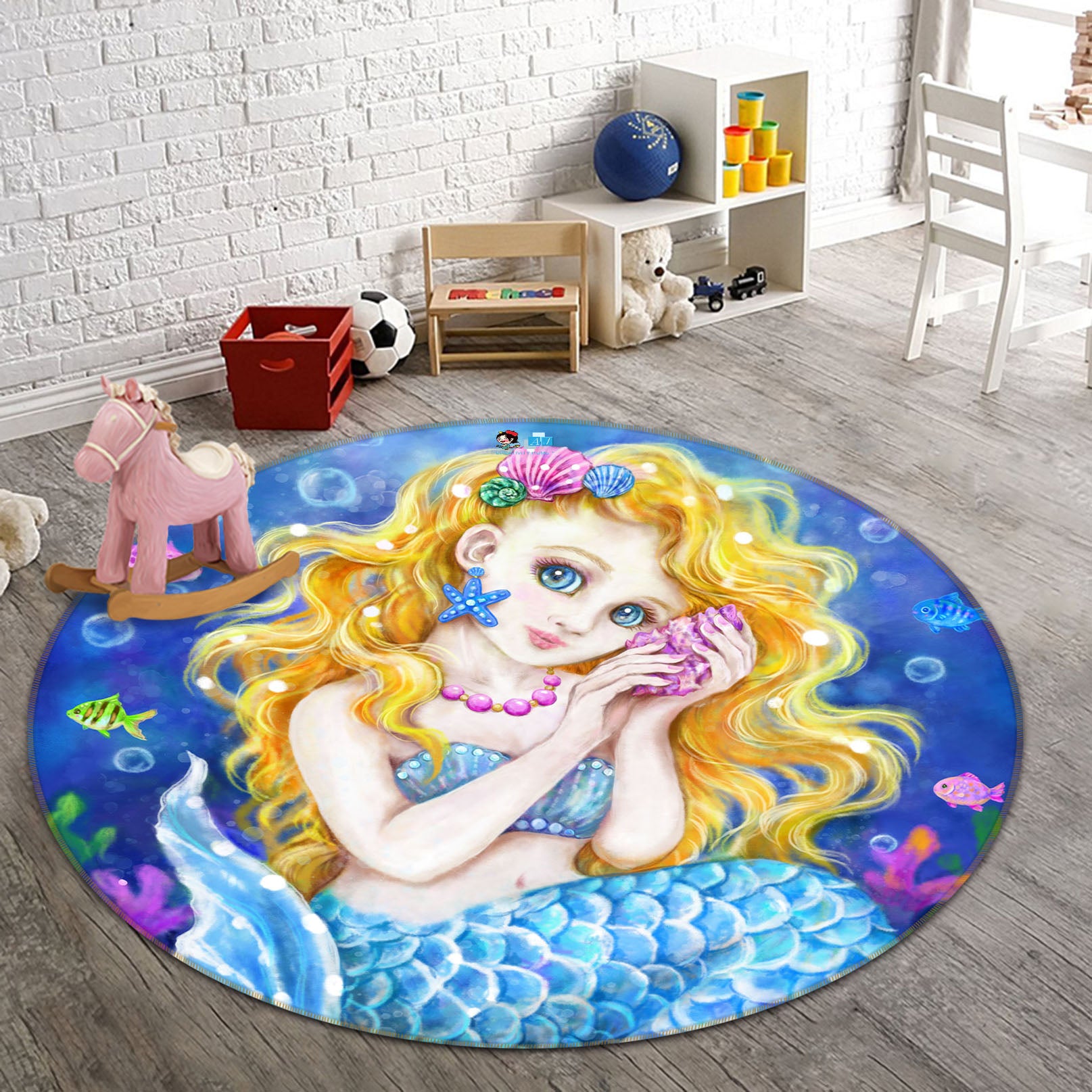 3D Mermaid Bubble 6034 Kayomi Harai Rug Round Non Slip Rug Mat