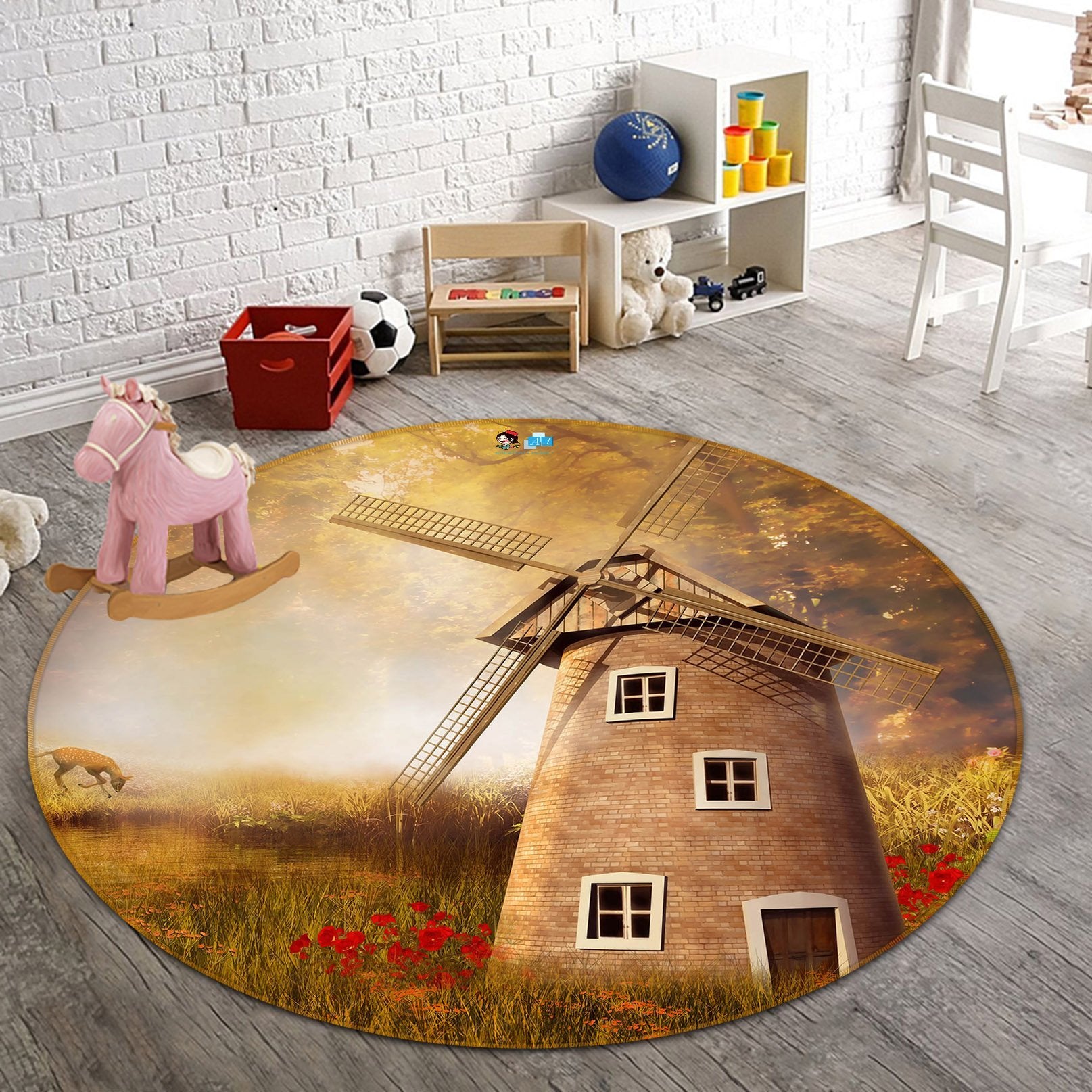 3D Windmill Deer 359 Round Non Slip Rug Mat Mat AJ Creativity Home 
