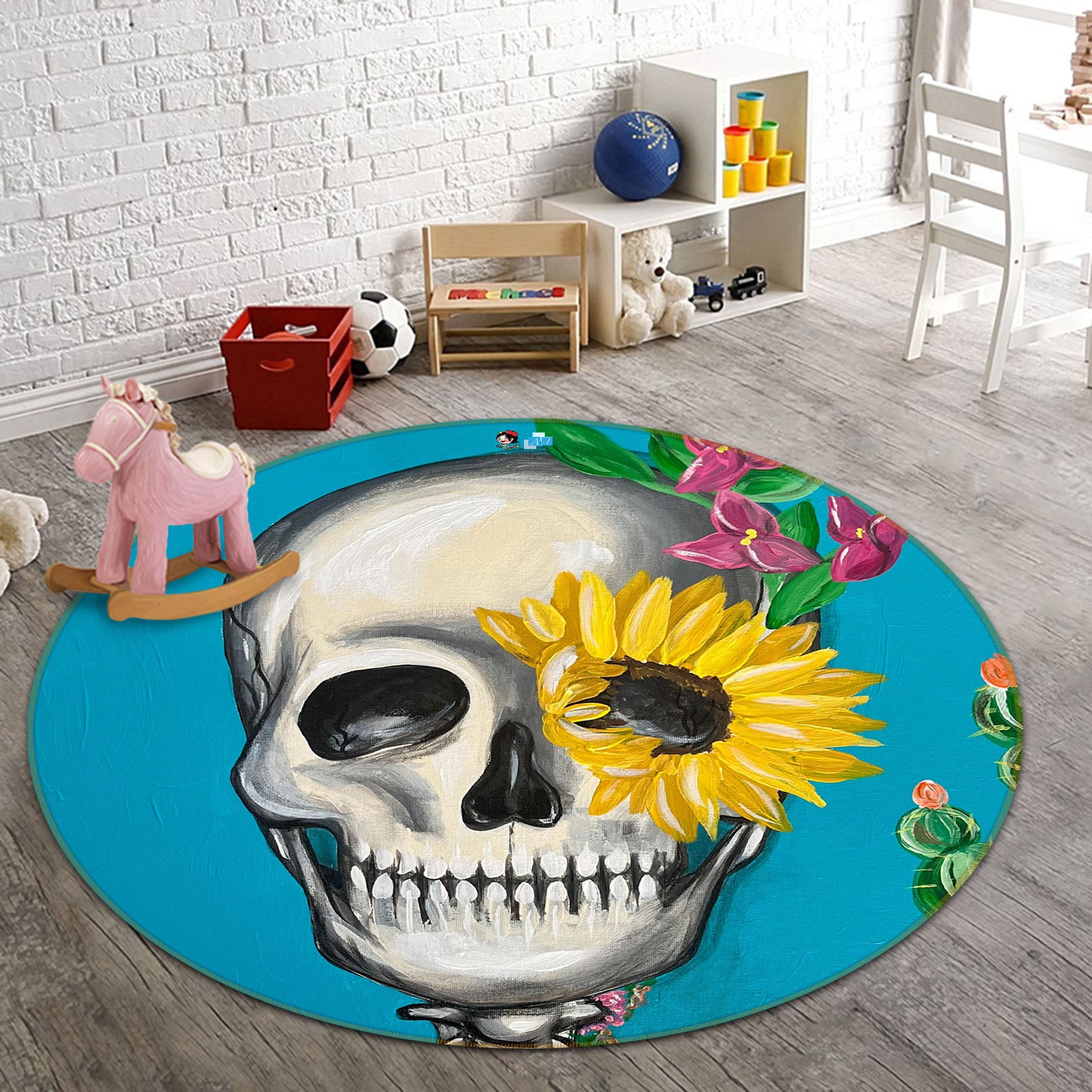 3D Skull Sunflower 8249 Jacqueline Reynoso Rug Round Non Slip Rug Mat