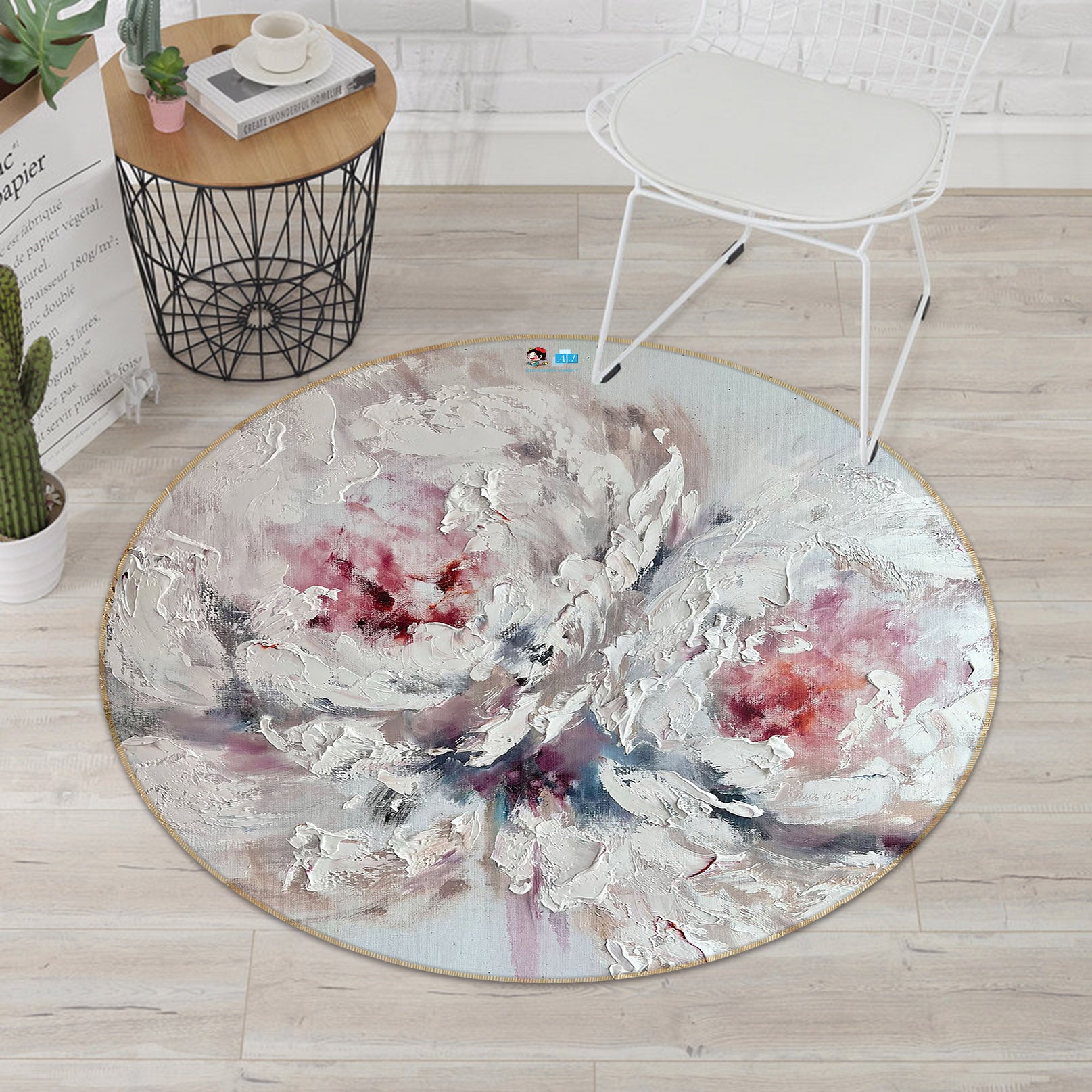 3D White Art Flower 848 Skromova Marina Rug Round Non Slip Rug Mat