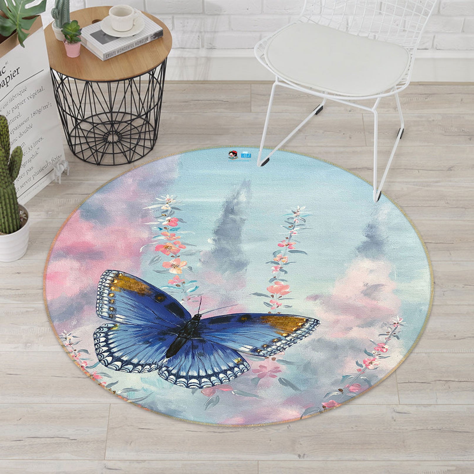 3D Blue Butterfly 9726 Marina Zotova Rug Round Non Slip Rug Mat