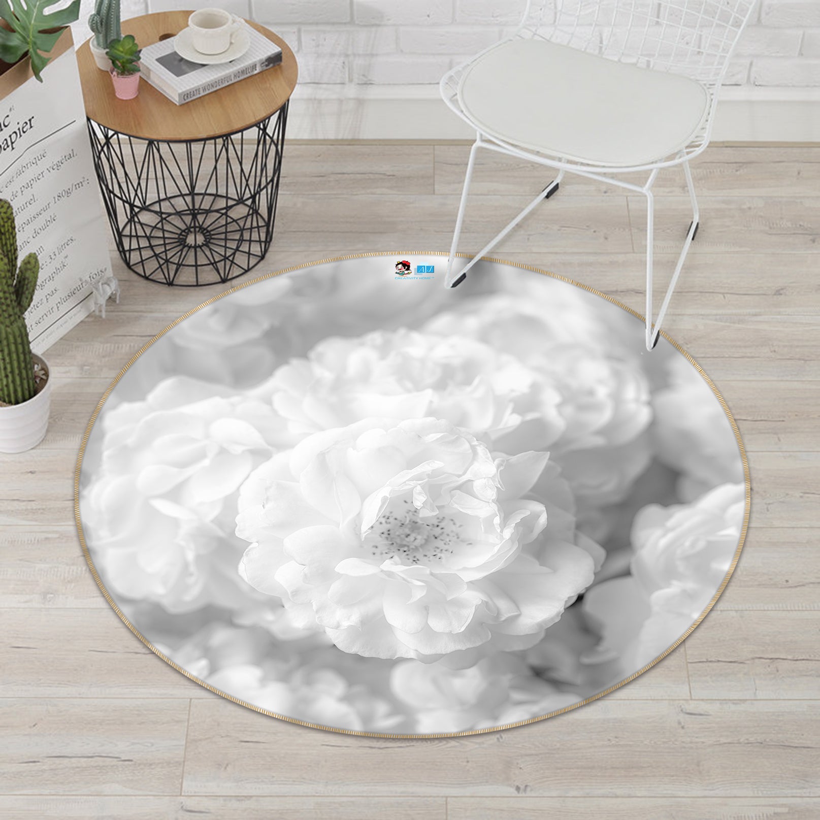 3D White Petal 7350 Assaf Frank Rug Round Non Slip Rug Mat