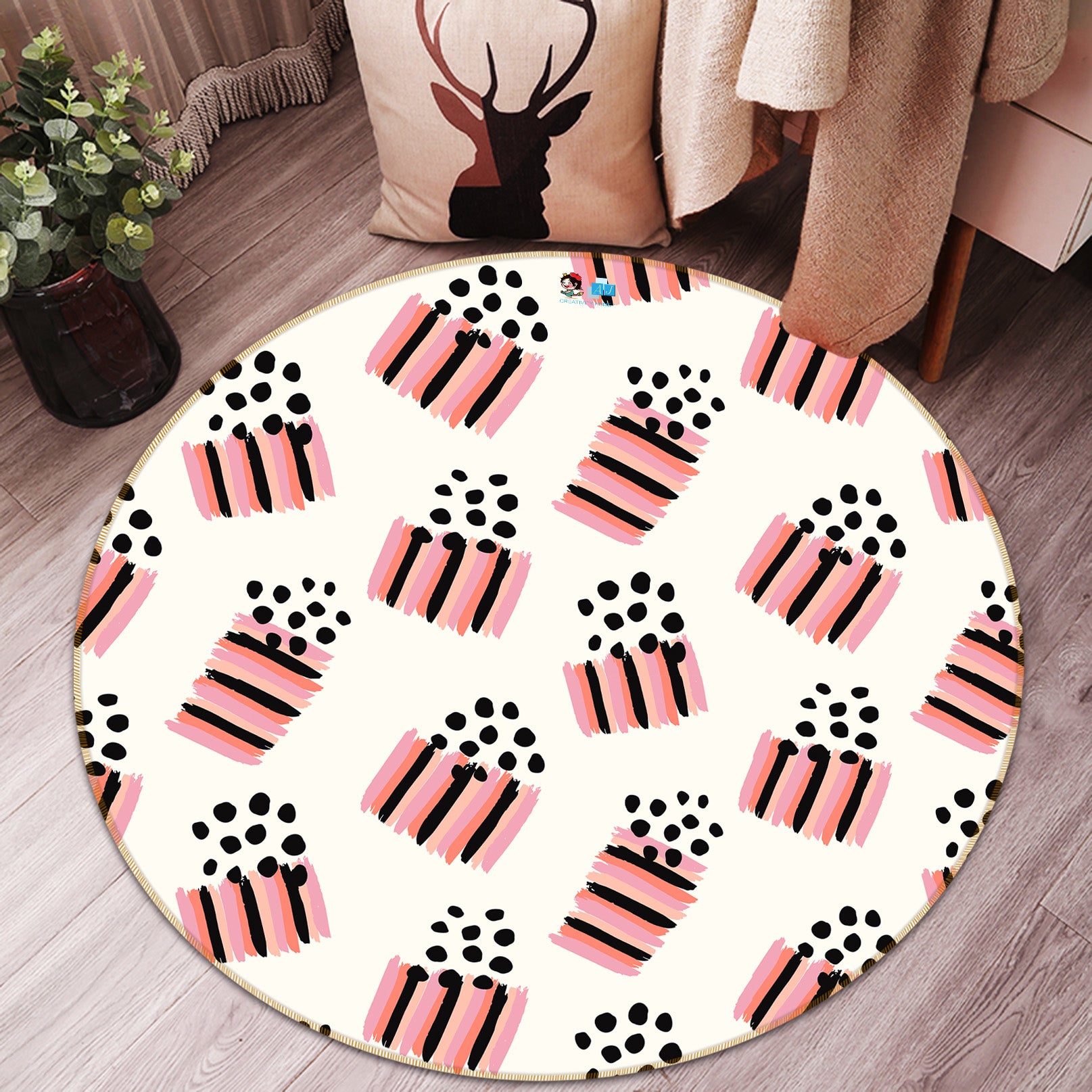 3D Pink Stripes Black Dots Pattern 10597 Kashmira Jayaprakash Rug Round Non Slip Rug Mat