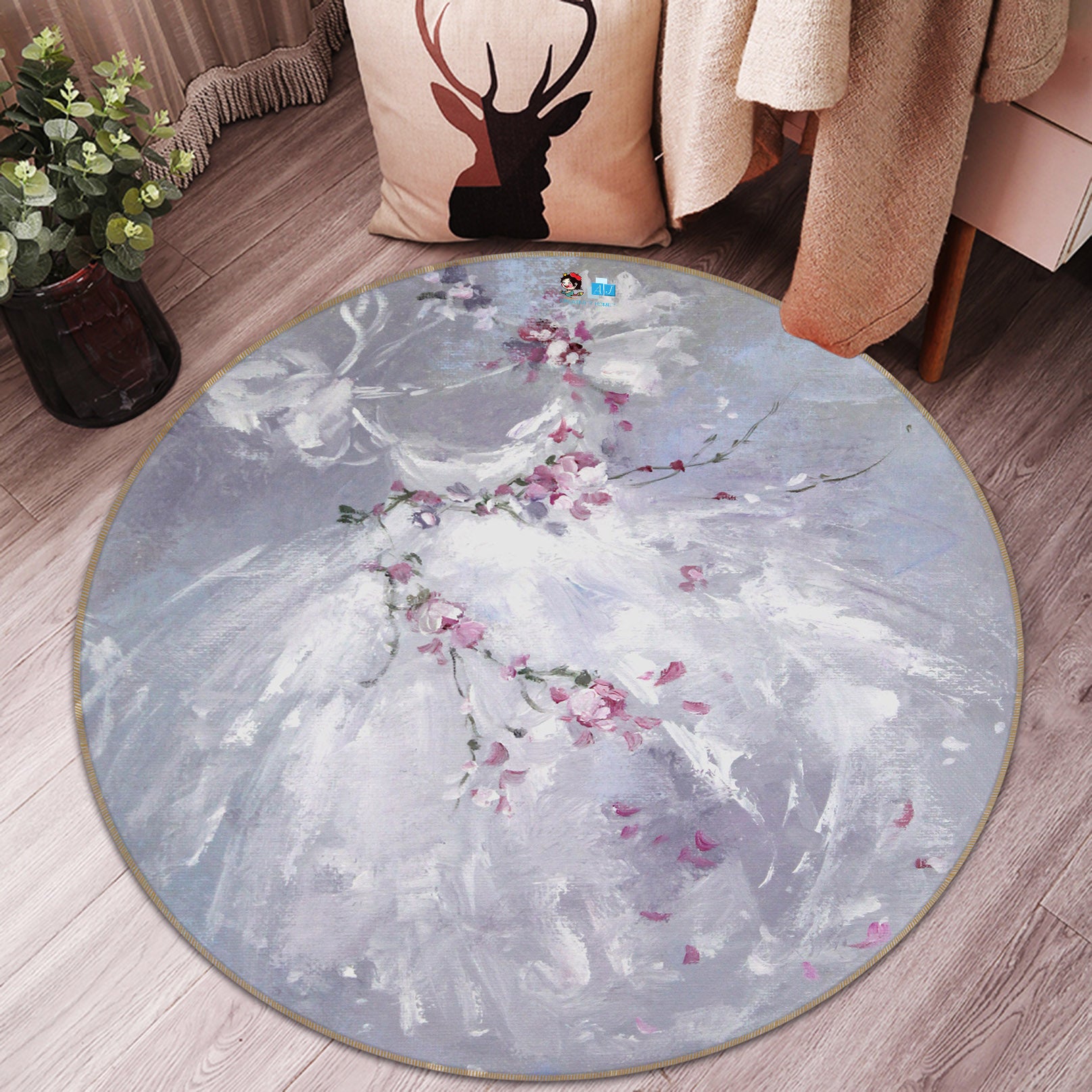 3D Flower Vine White Dress 1129 Debi Coules Rug Round Non Slip Rug Mat