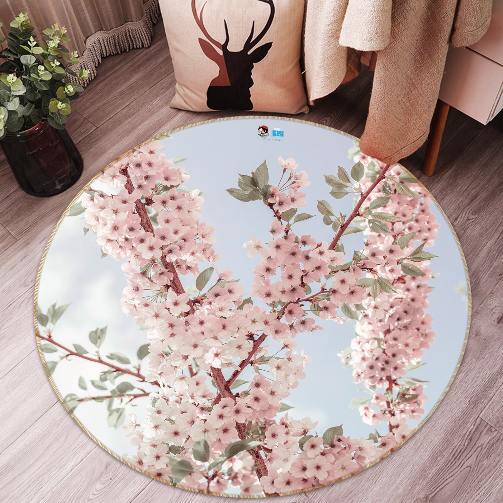 3D Pink Flower Branch 7540 Assaf Frank Rug Round Non Slip Rug Mat