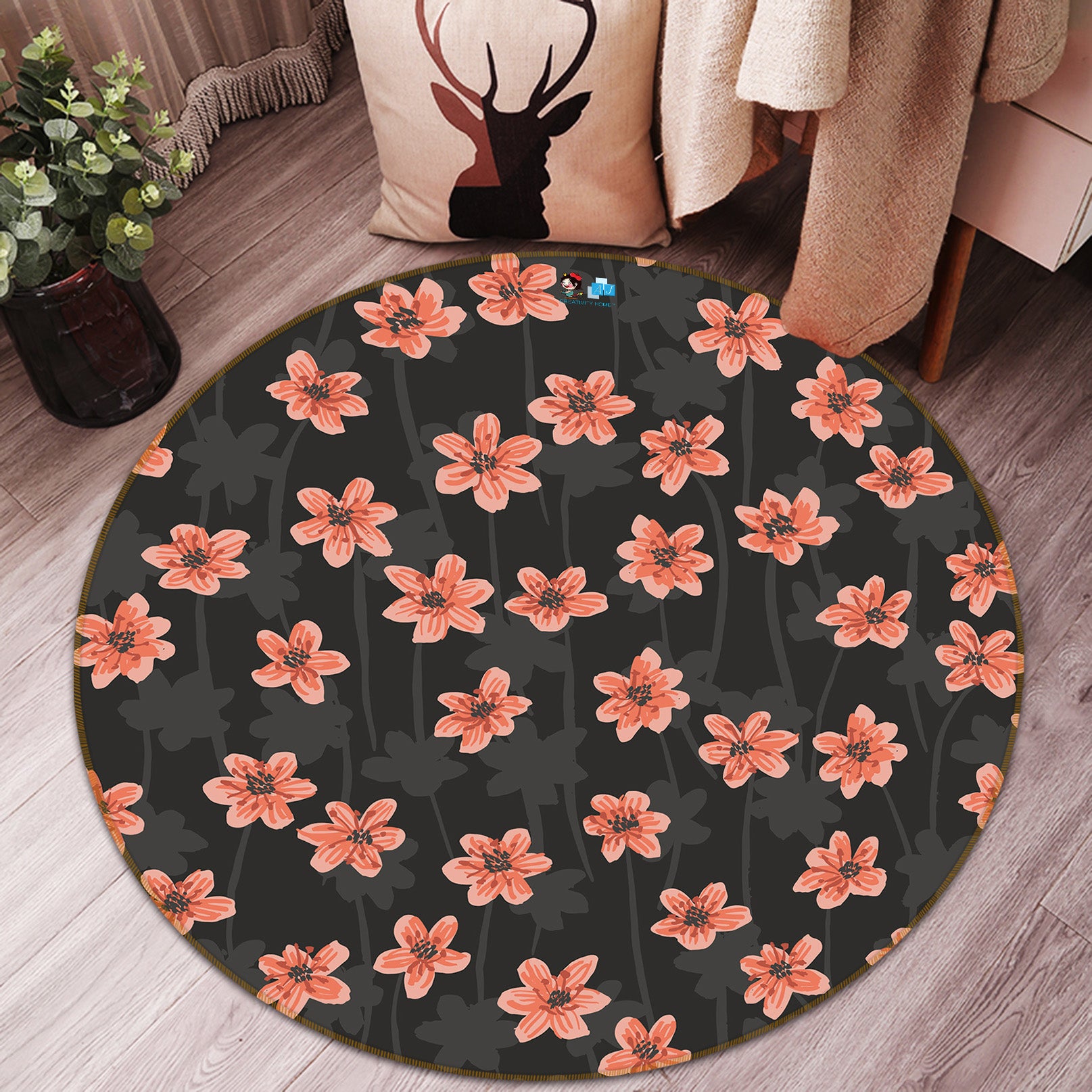 3D Red Floral 10545 Kashmira Jayaprakash Rug Round Non Slip Rug Mat