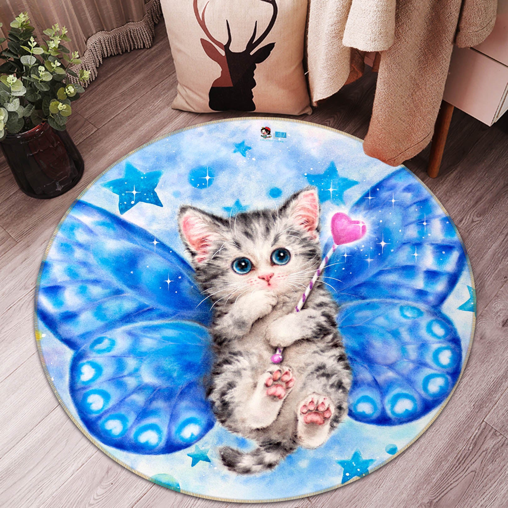 3D Blue Butterfly Cat 722 Kayomi Harai Rug Round Non Slip Rug Mat