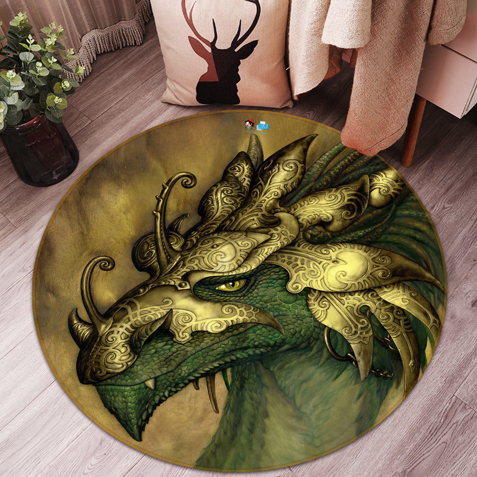 3D Dragon Head 6141 Ciruelo Rug Round Non Slip Rug Mat