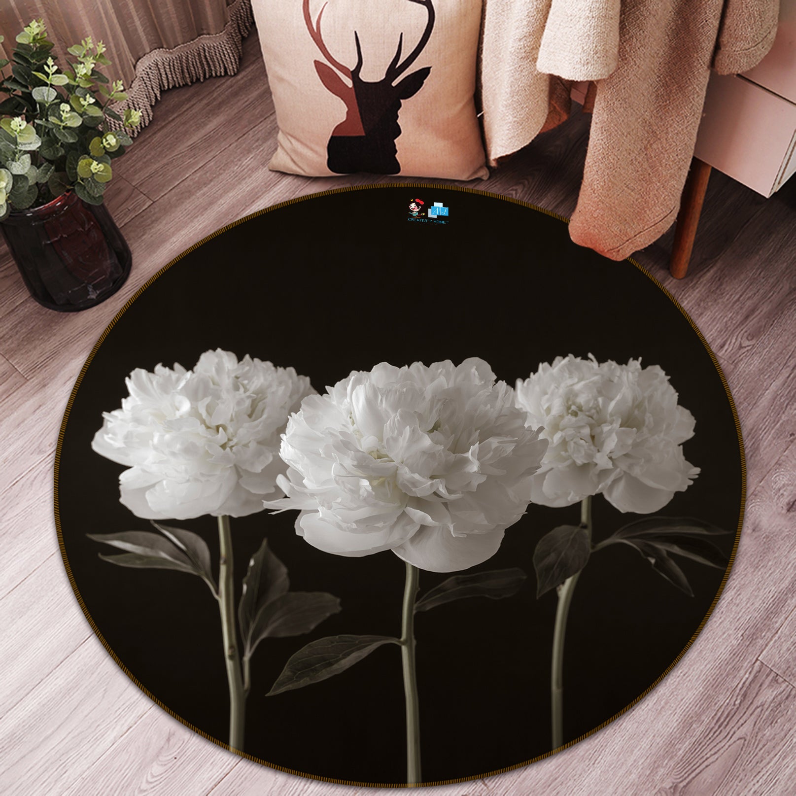 3D White Flower 7520 Assaf Frank Rug Round Non Slip Rug Mat