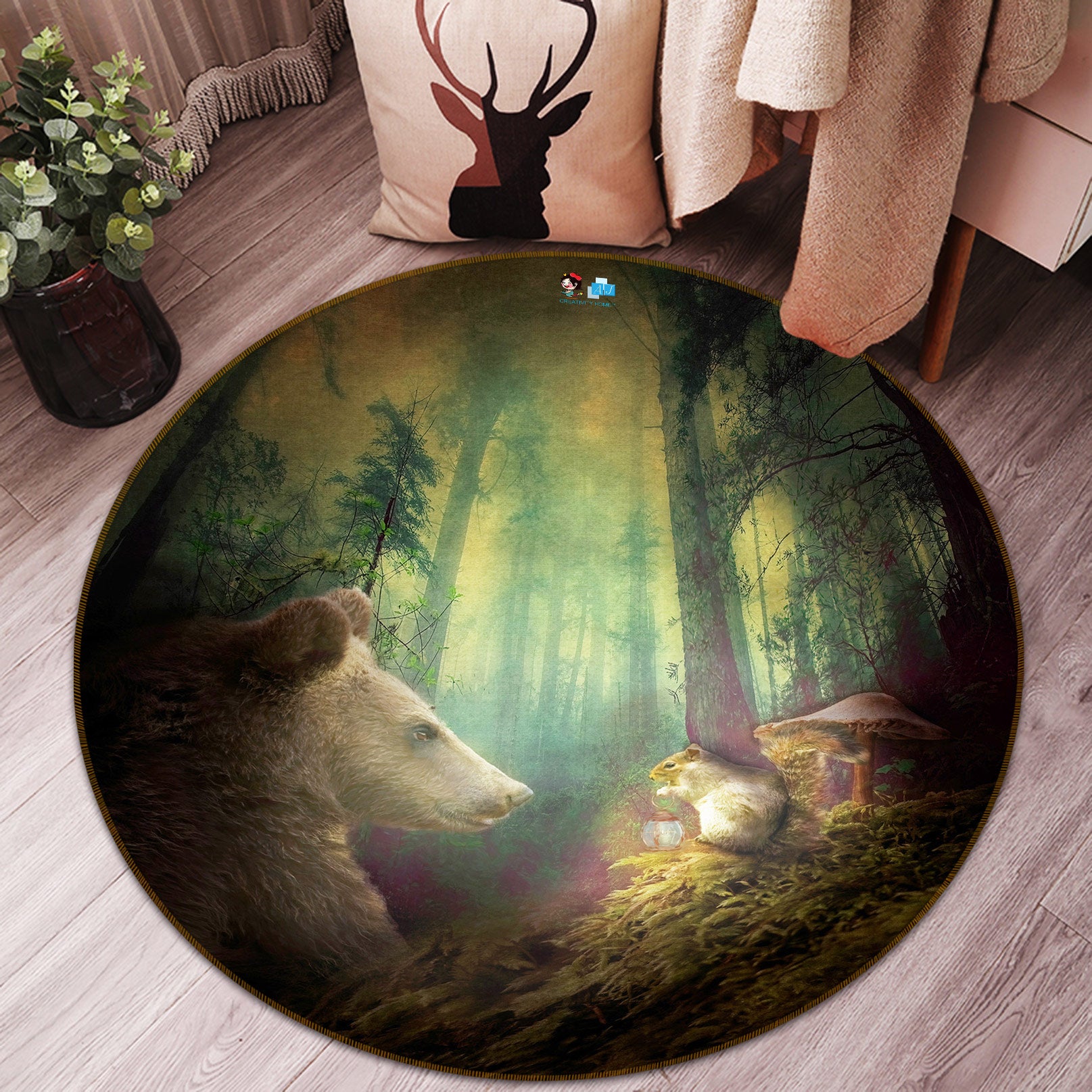 3D Forest Bear Mouse 5063 Beth Sheridan Rug Round Non Slip Rug Mat
