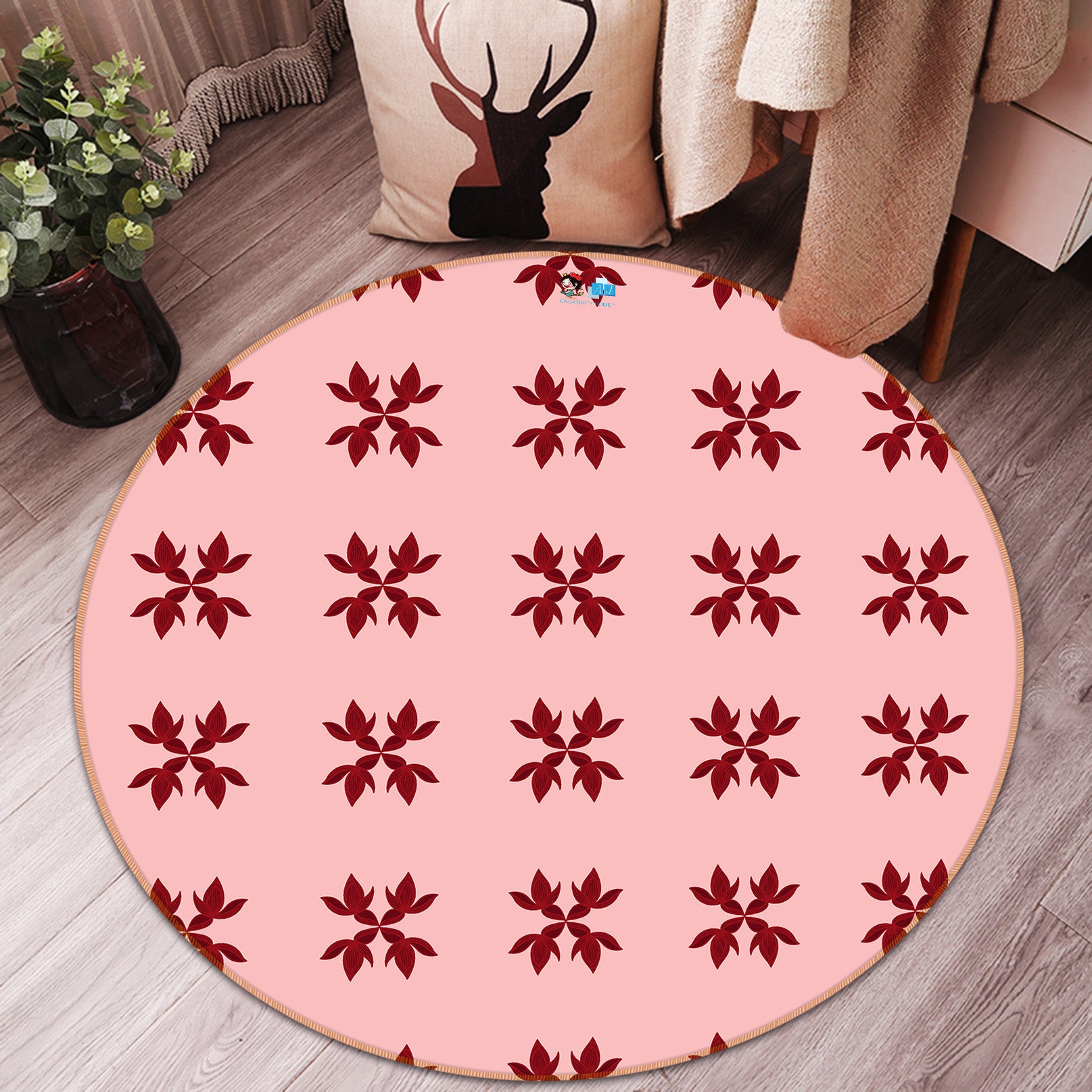 3D Red Leaves Flower Pattern 10543 Kashmira Jayaprakash Rug Round Non Slip Rug Mat