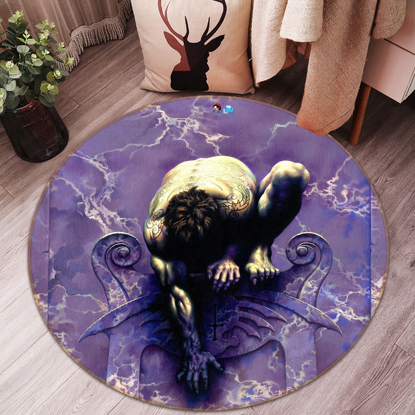 3D Squat Man 6086 Ciruelo Rug Round Non Slip Rug Mat