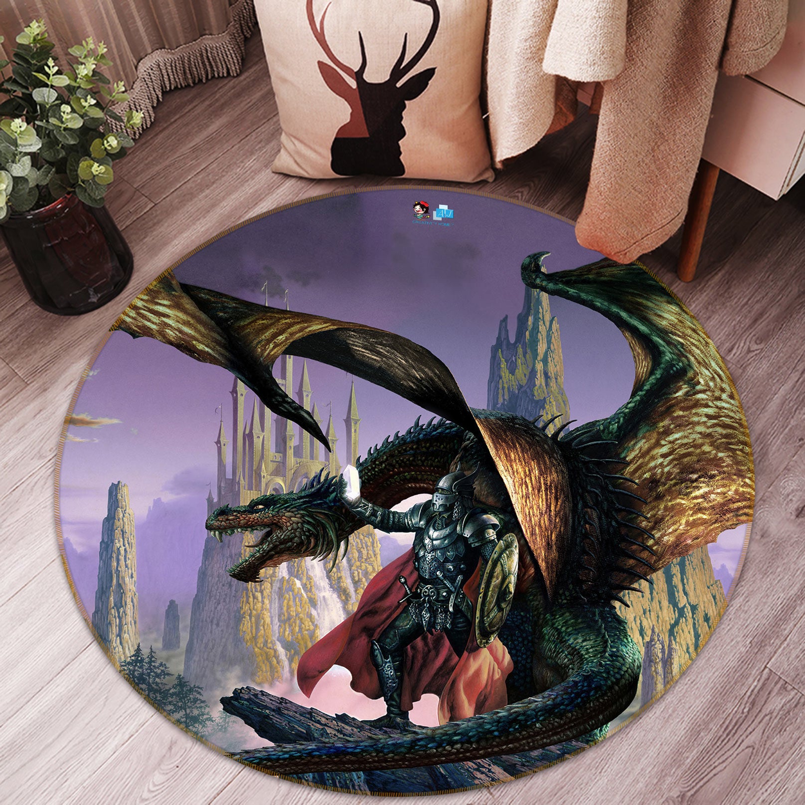 3D Armored Soldier Dragon 6066 Ciruelo Rug Round Non Slip Rug Mat