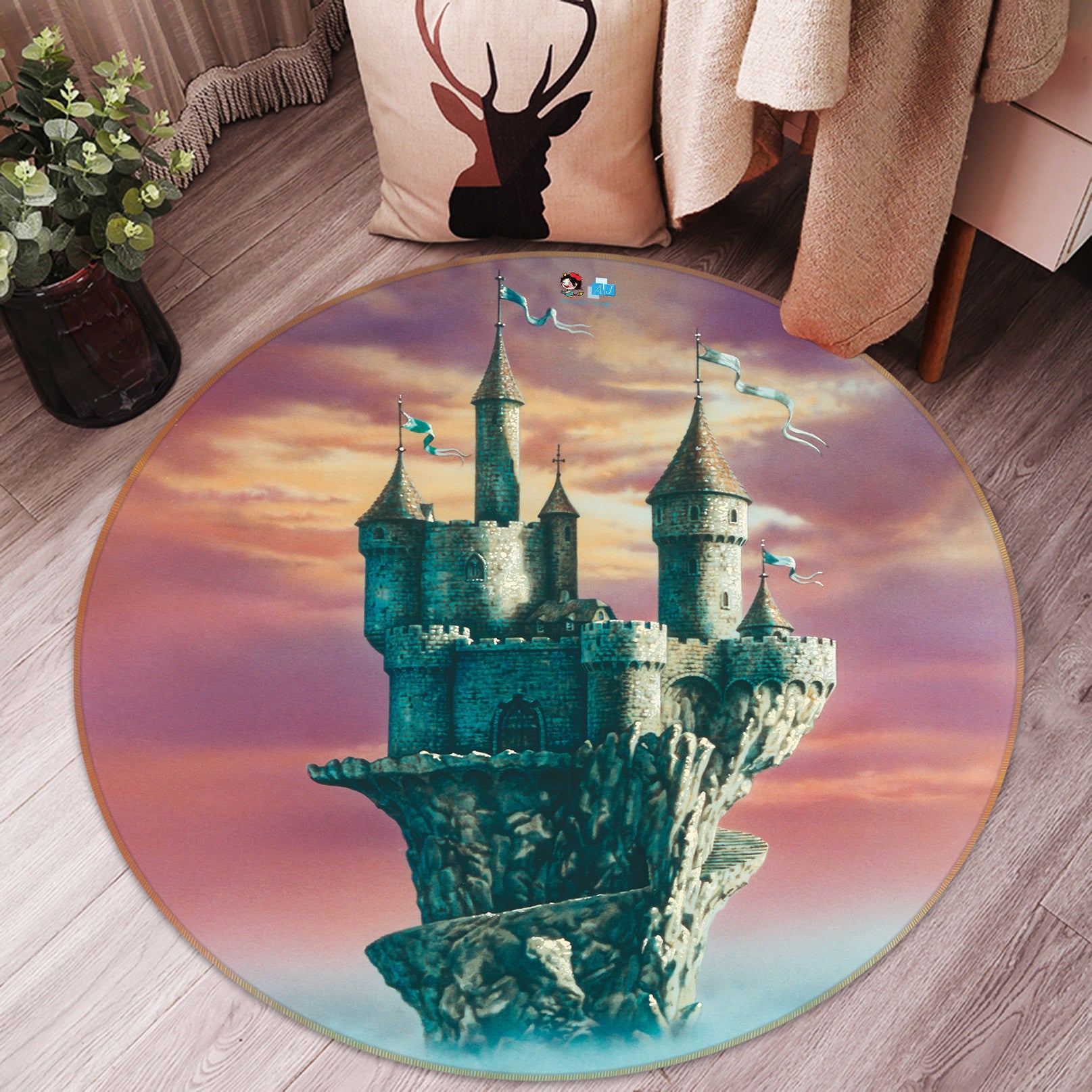 3D Sky Castle 6079 Ciruelo Rug Round Non Slip Rug Mat