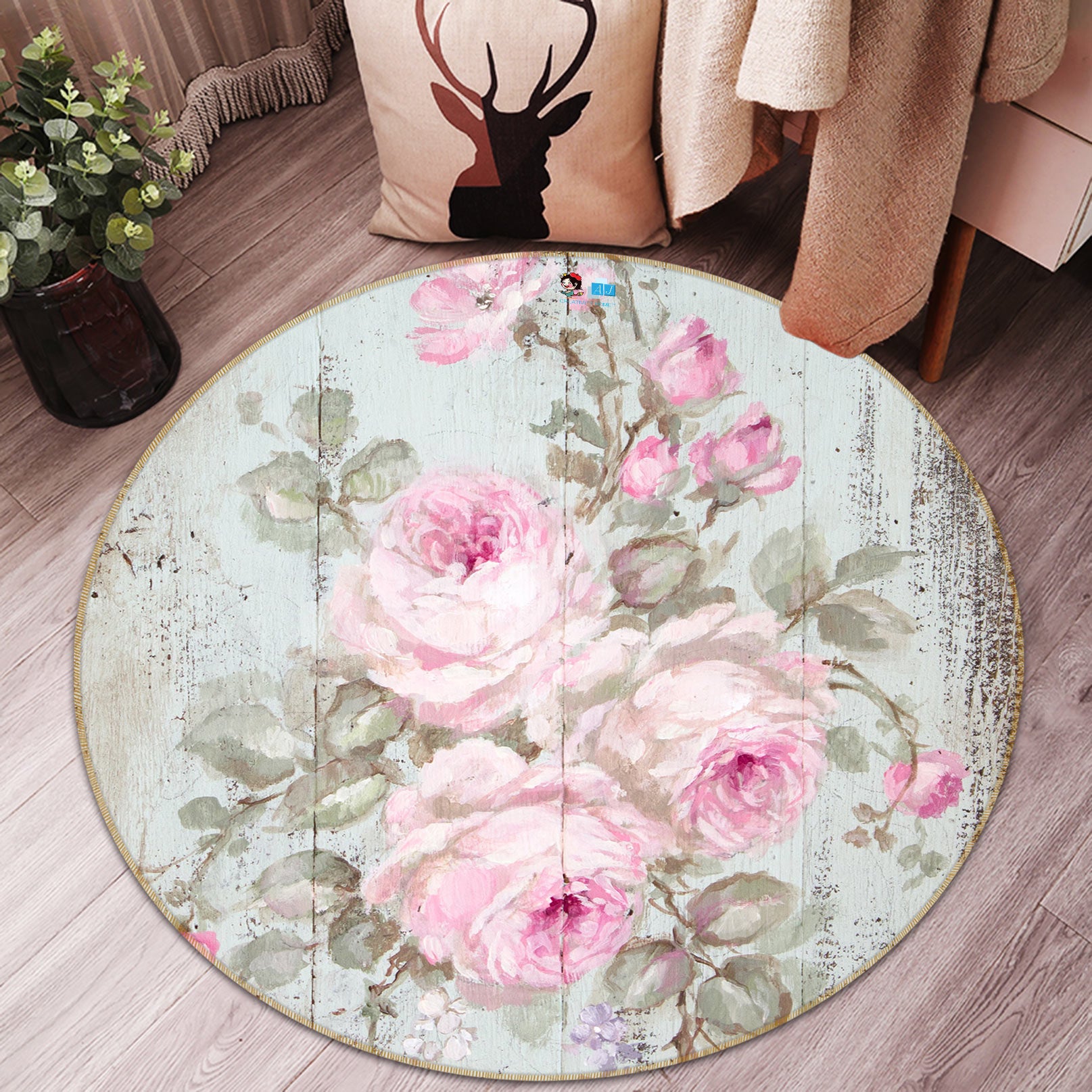 3D Flower Pink Rose 1174 Debi Coules Rug Round Non Slip Rug Mat