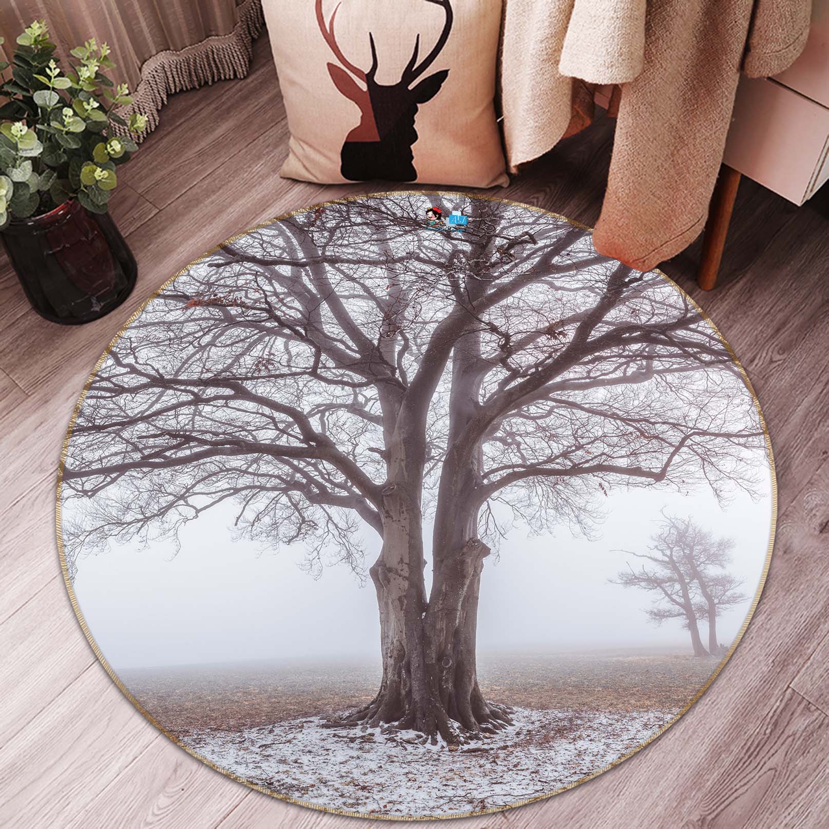 3D Snow Tree 7381 Assaf Frank Rug Round Non Slip Rug Mat