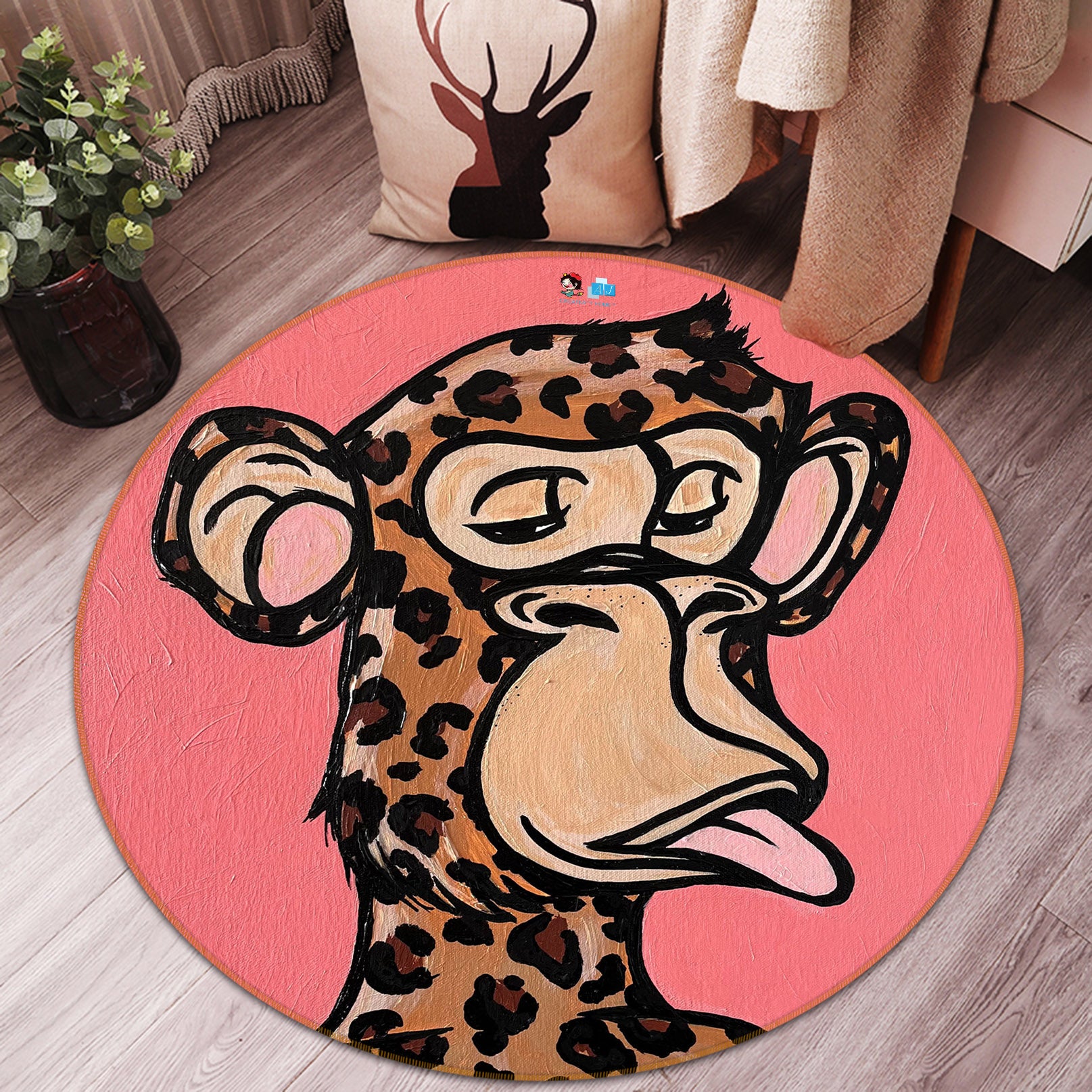 3D Giraffe Monkey 8241 Jacqueline Reynoso Rug Round Non Slip Rug Mat